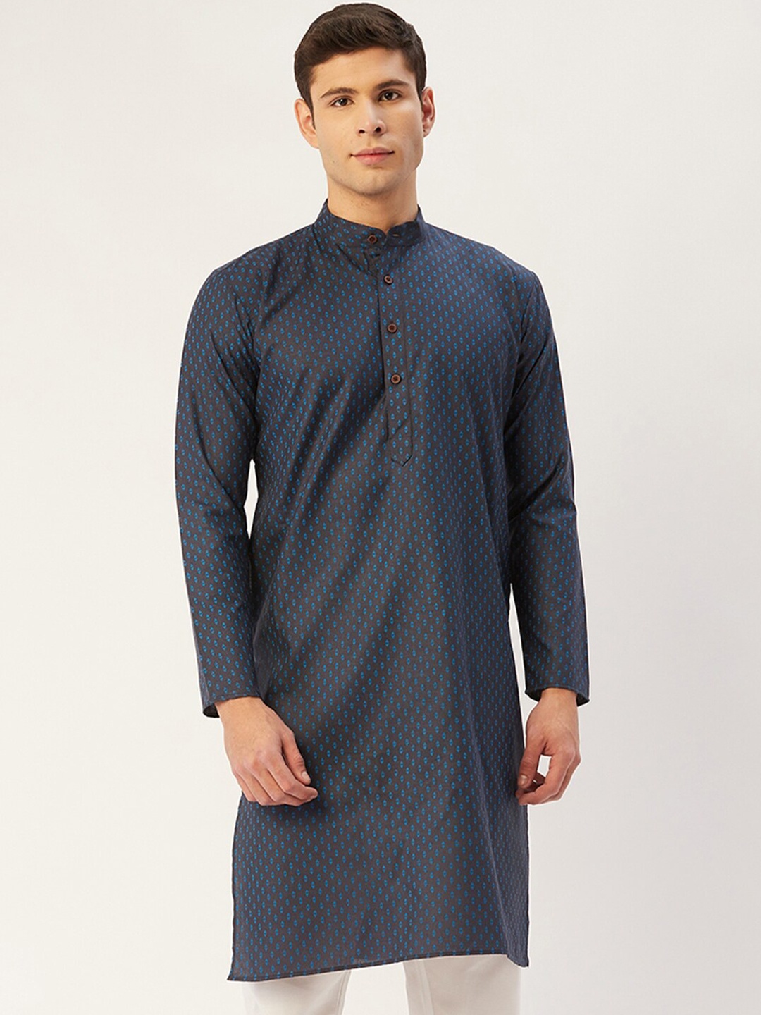 

Jompers Mandarin Collar Geometric Thread Work Cotton Kurta, Navy blue