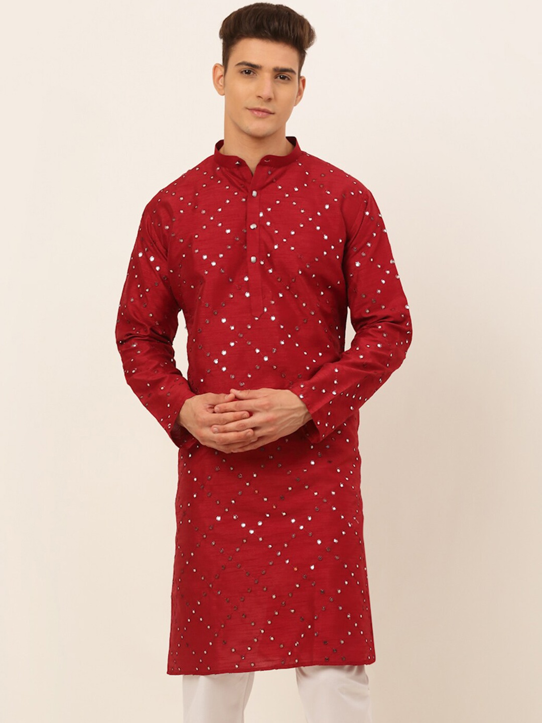 

Jompers Men Embellished Mirror Work Regular Dupion Silk Kurta, Maroon
