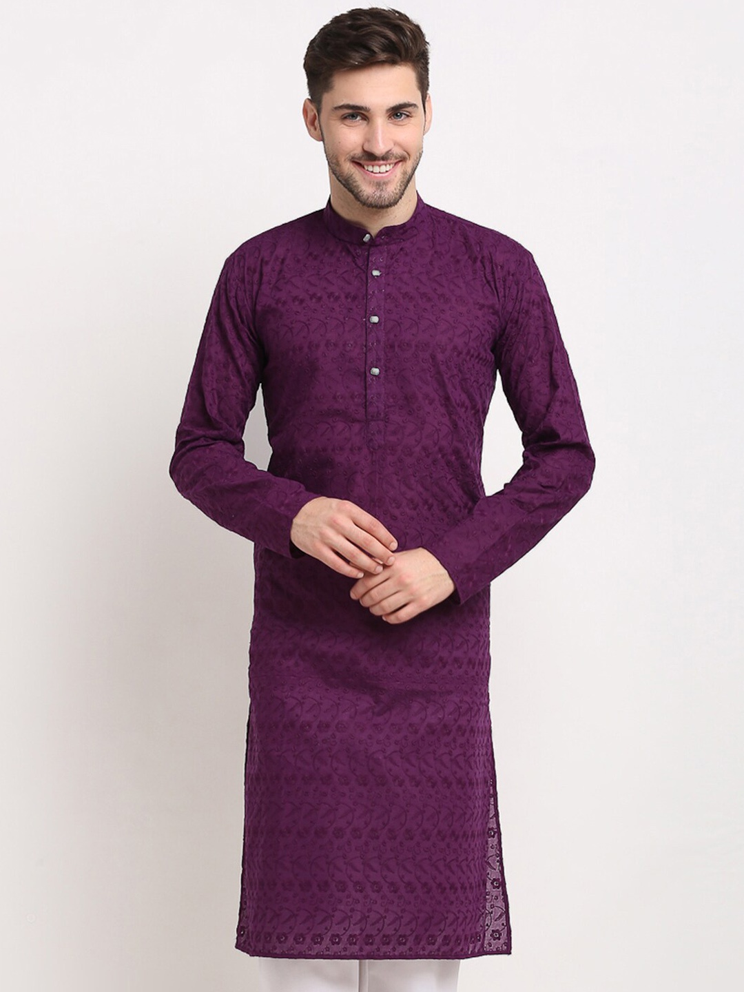 

Jompers Men Ethnic Motifs Embroidered Thread Work Pure Cotton Kurta, Purple