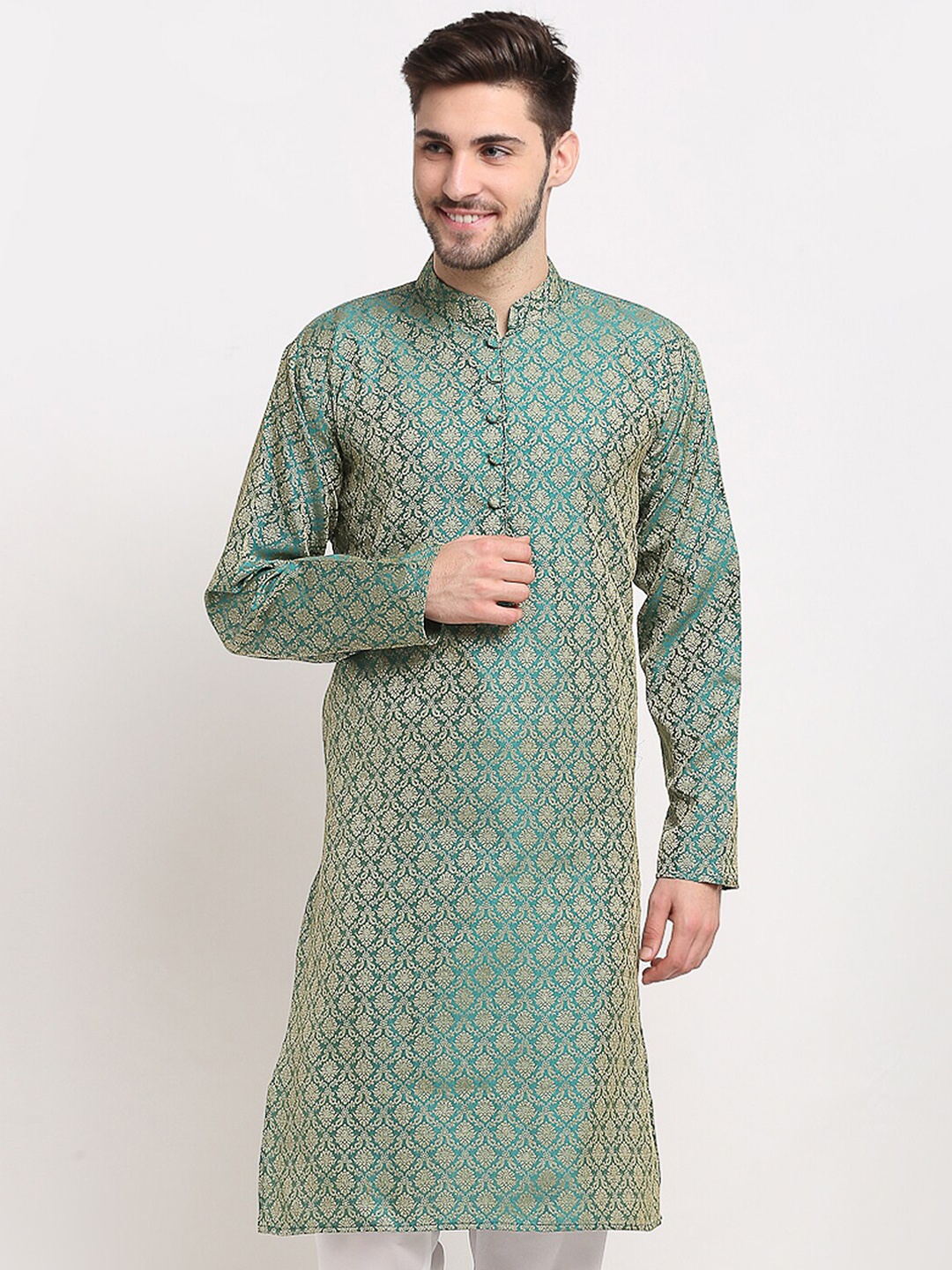 

Jompers Mandarin Collar Woven Design Cotton Silk Kurta, Green