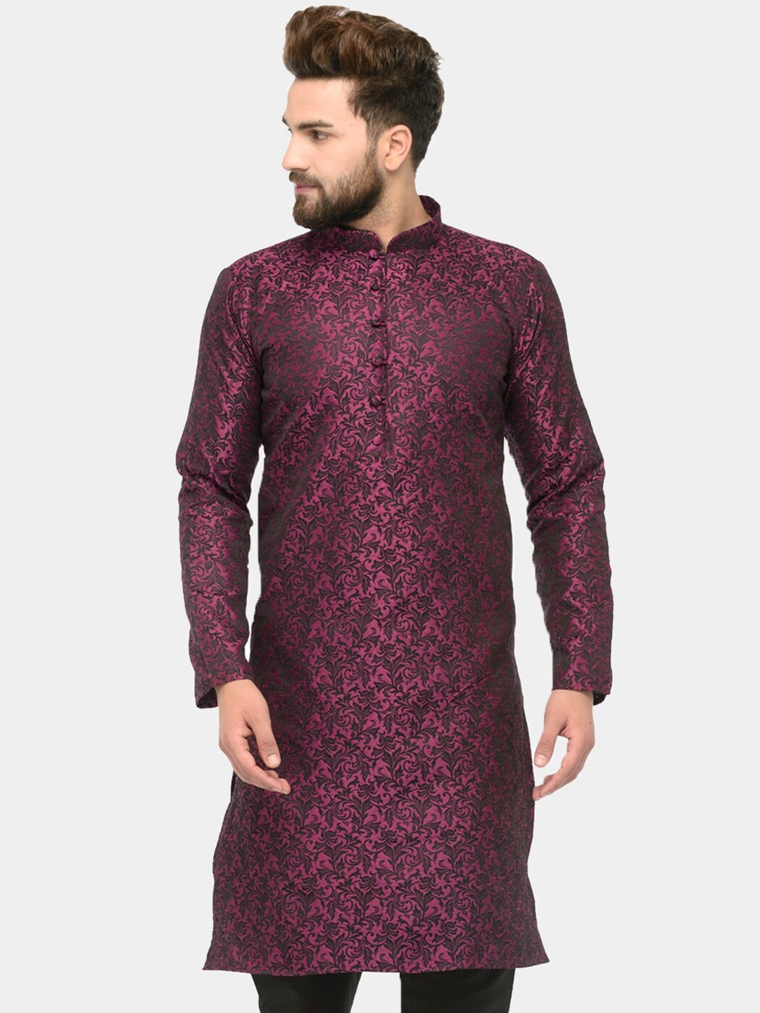 

Jompers Mandarin Collar Woven Design Jacquard Kurta, Purple