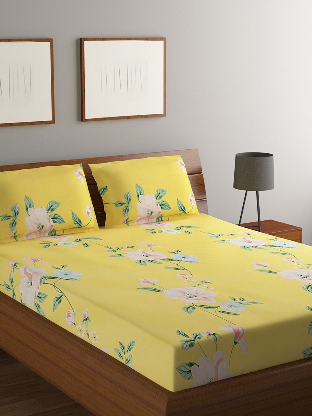 

Rubix Home Yellow & Pink Floral 144 TC Queen Bedsheet with 2 Pillow Covers