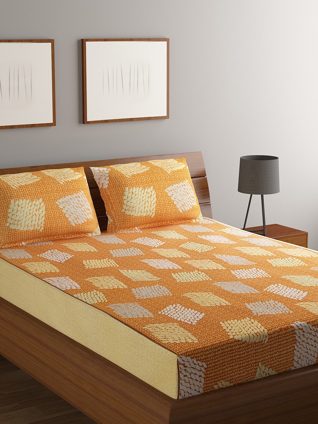 

Rubix Home Orange & White 140 TC Cotton Queen Bedsheet with 2 Pillow Covers