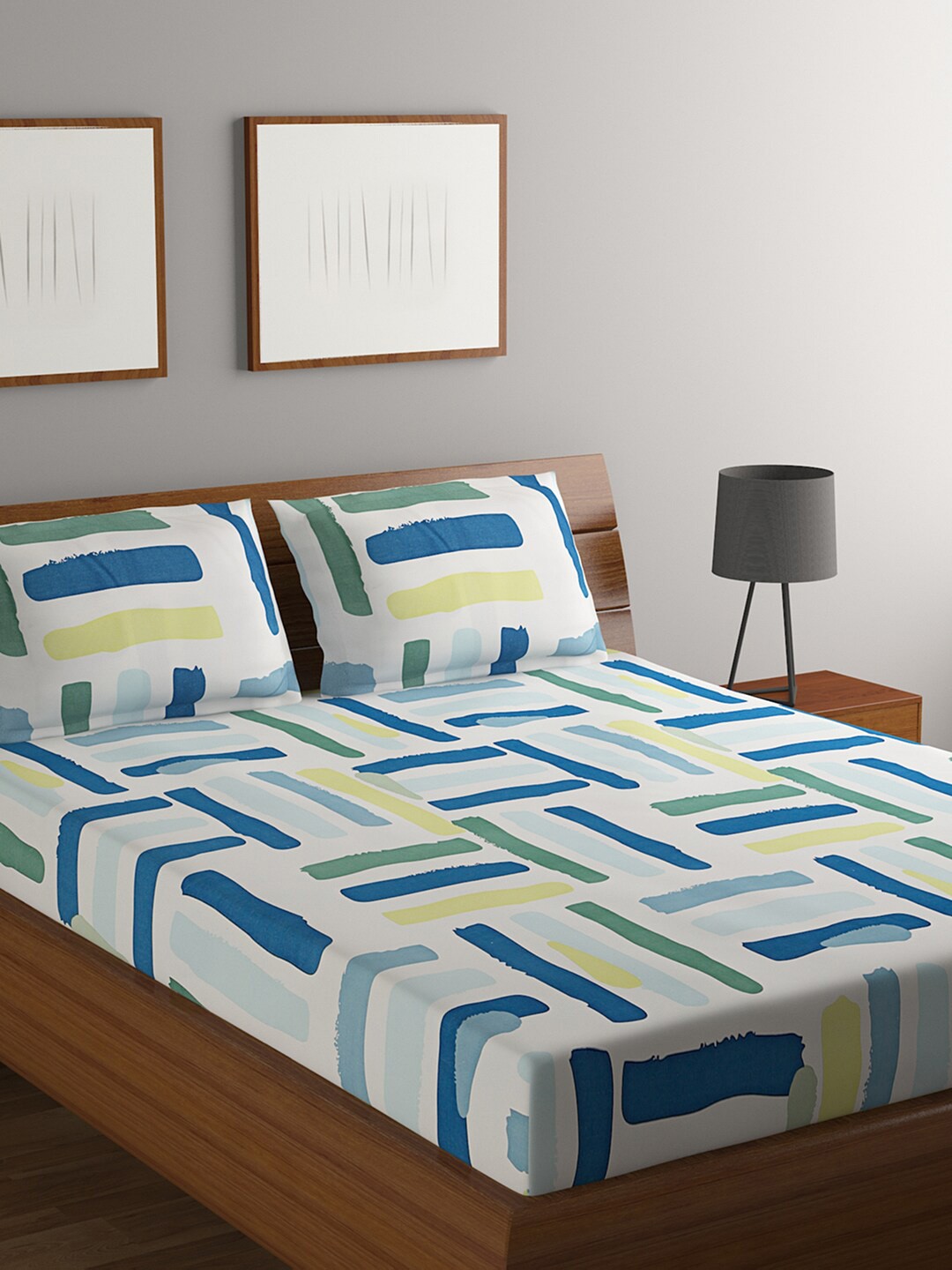 

Rubix Home White & Blue Geometric 144 TC Queen Bedsheet with 2 Pillow Covers
