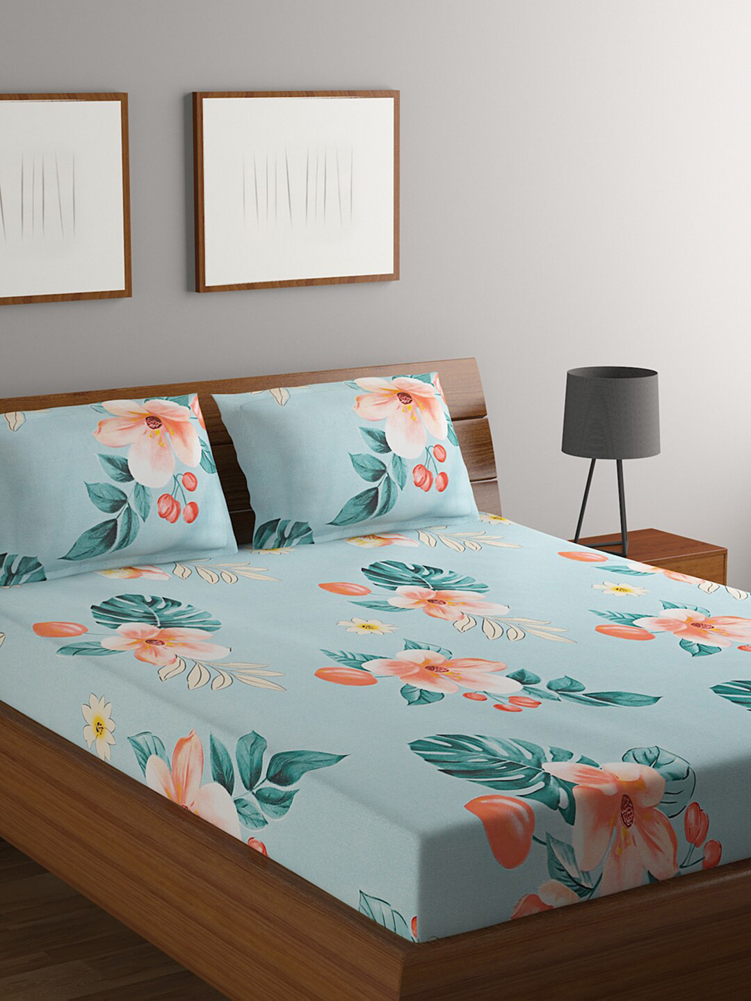 

Rubix Home Blue & Pink Floral 144 TC Queen Bedsheet with 2 Pillow Covers