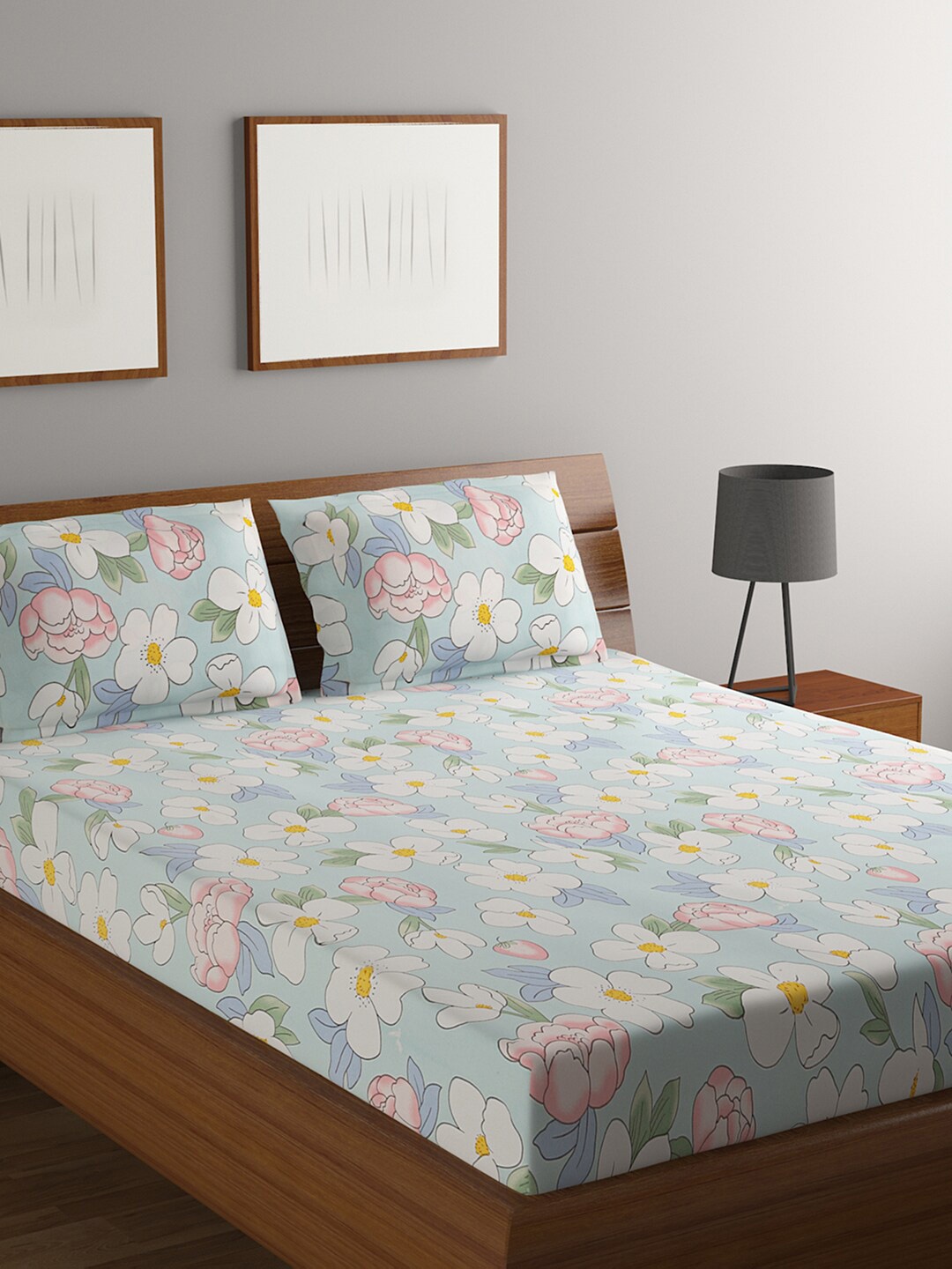 

Rubix Home Blue & Pink Floral 144 TC Queen Bedsheet with 2 Pillow Covers