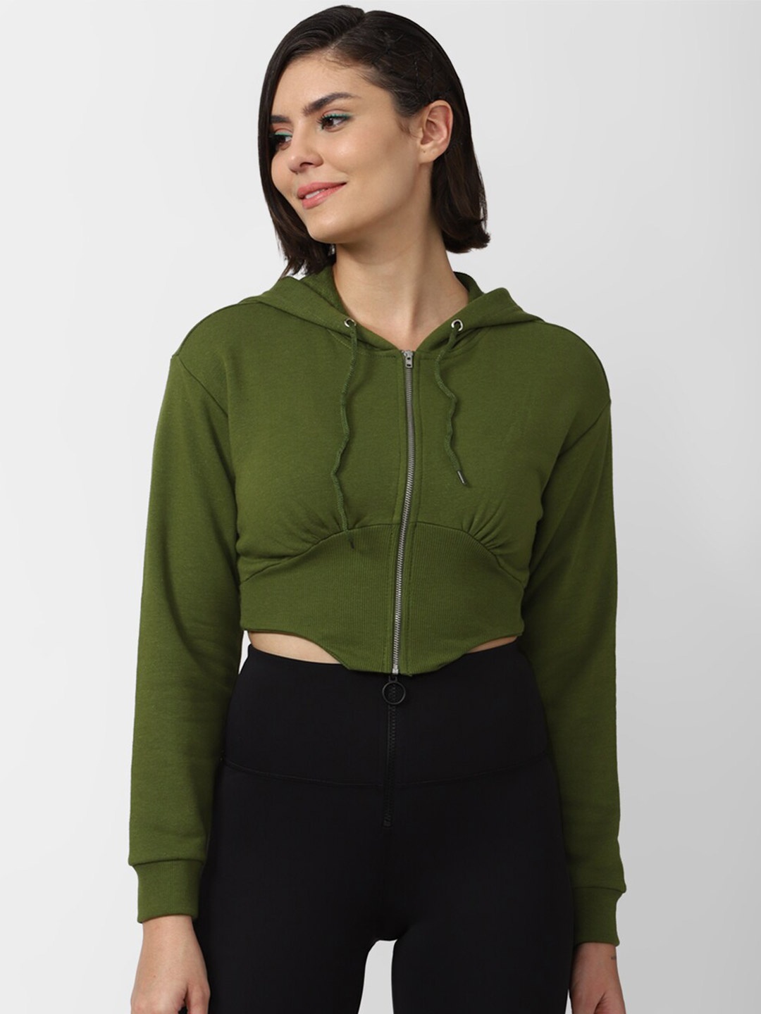 

FOREVER 21 Women Green Solid Hooded Crop Sweatshirt