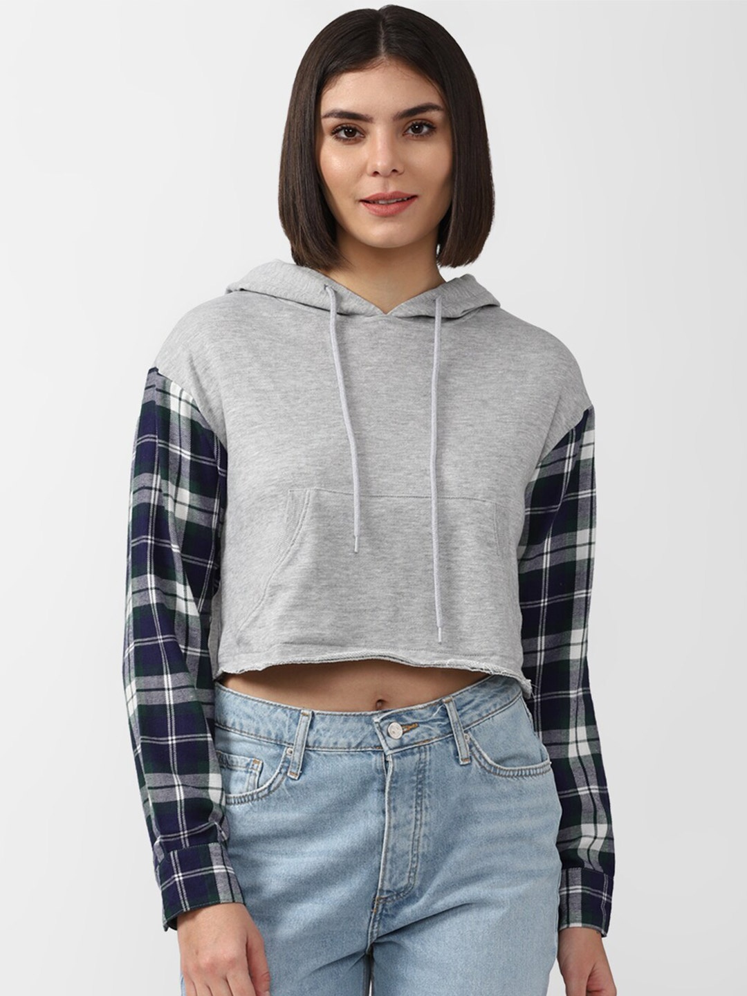 

FOREVER 21 Women Grey Checked Hooded Crop Sweatshirt