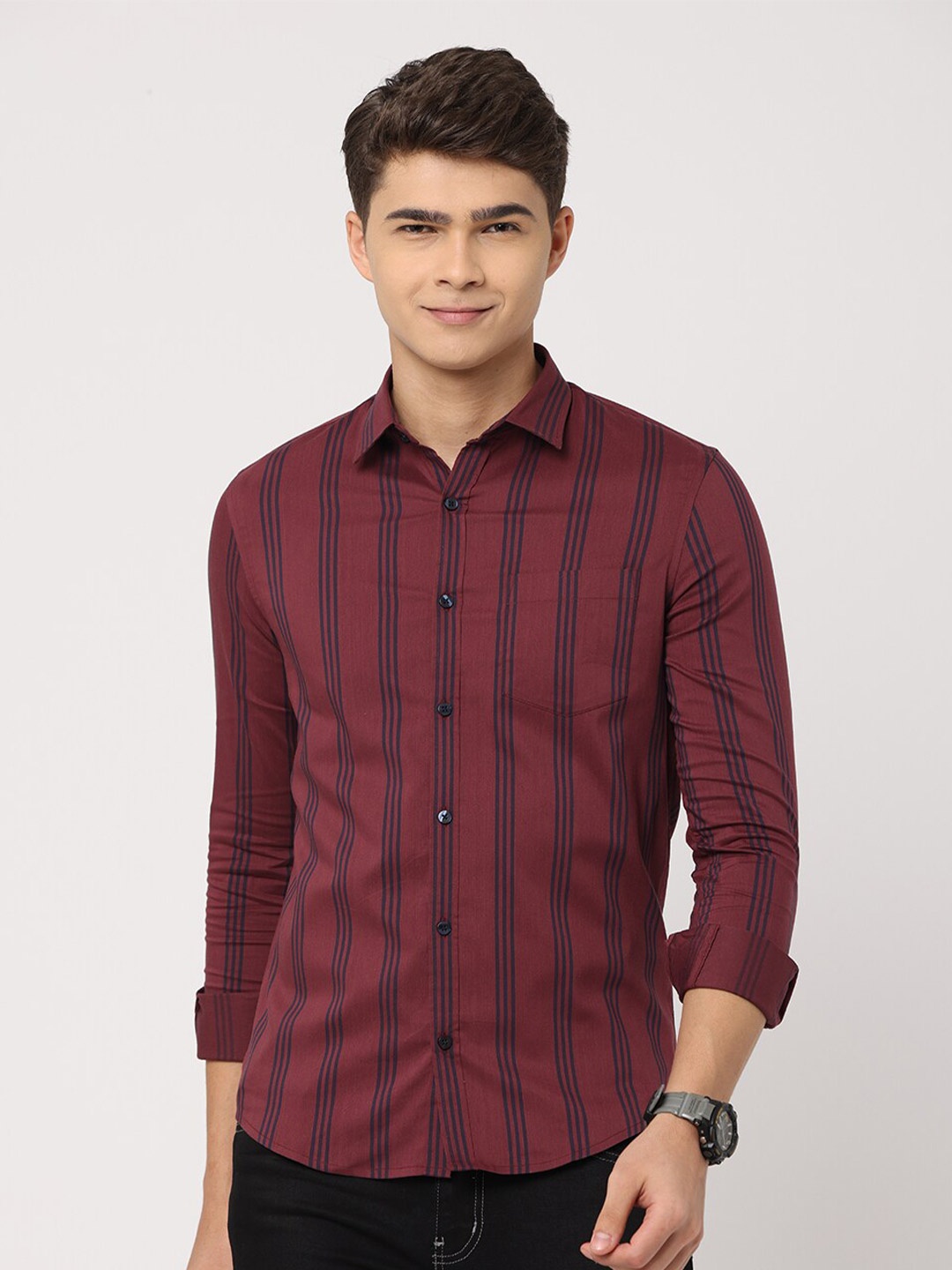 

Jean Cafe Men Maroon Premium Slim Fit Striped Casual Pure Cotton Shirt