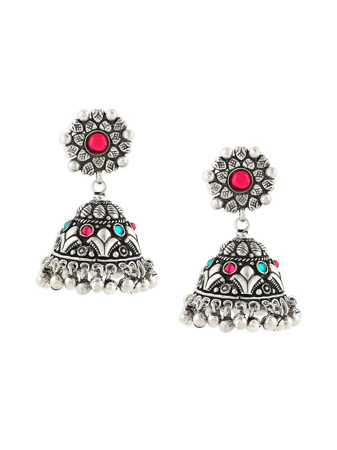 

Ahaanya Silver-Plated Contemporary Oxidised Jhumkas Earrings