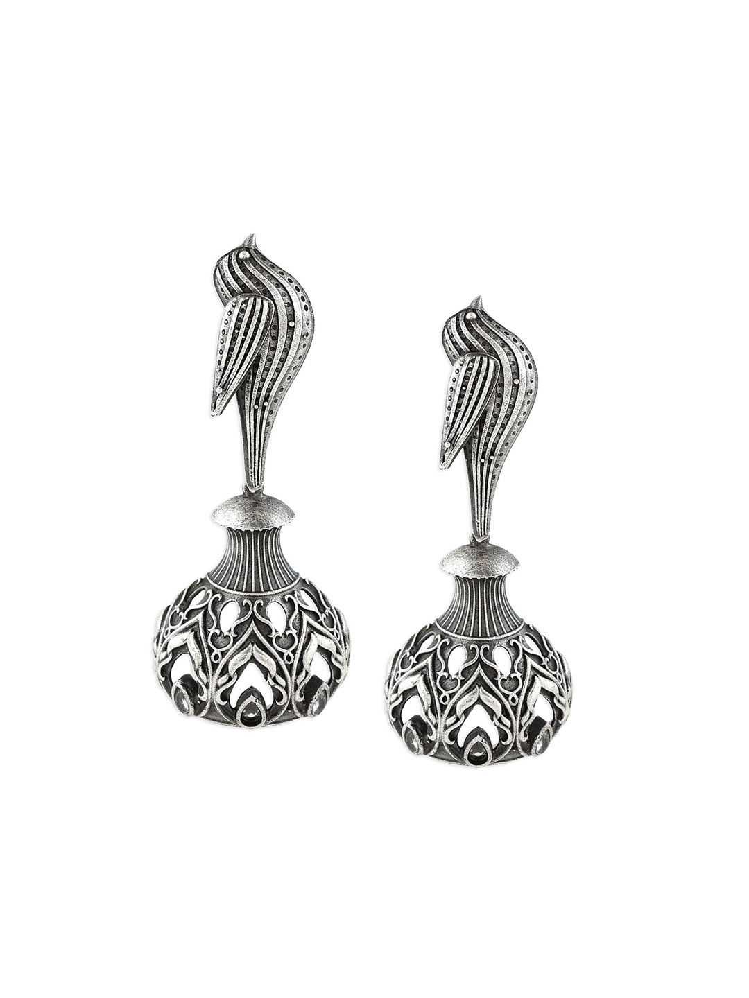 

Ahaanya Silver-Plated Contemporary Oxidised Jhumkas Earrings