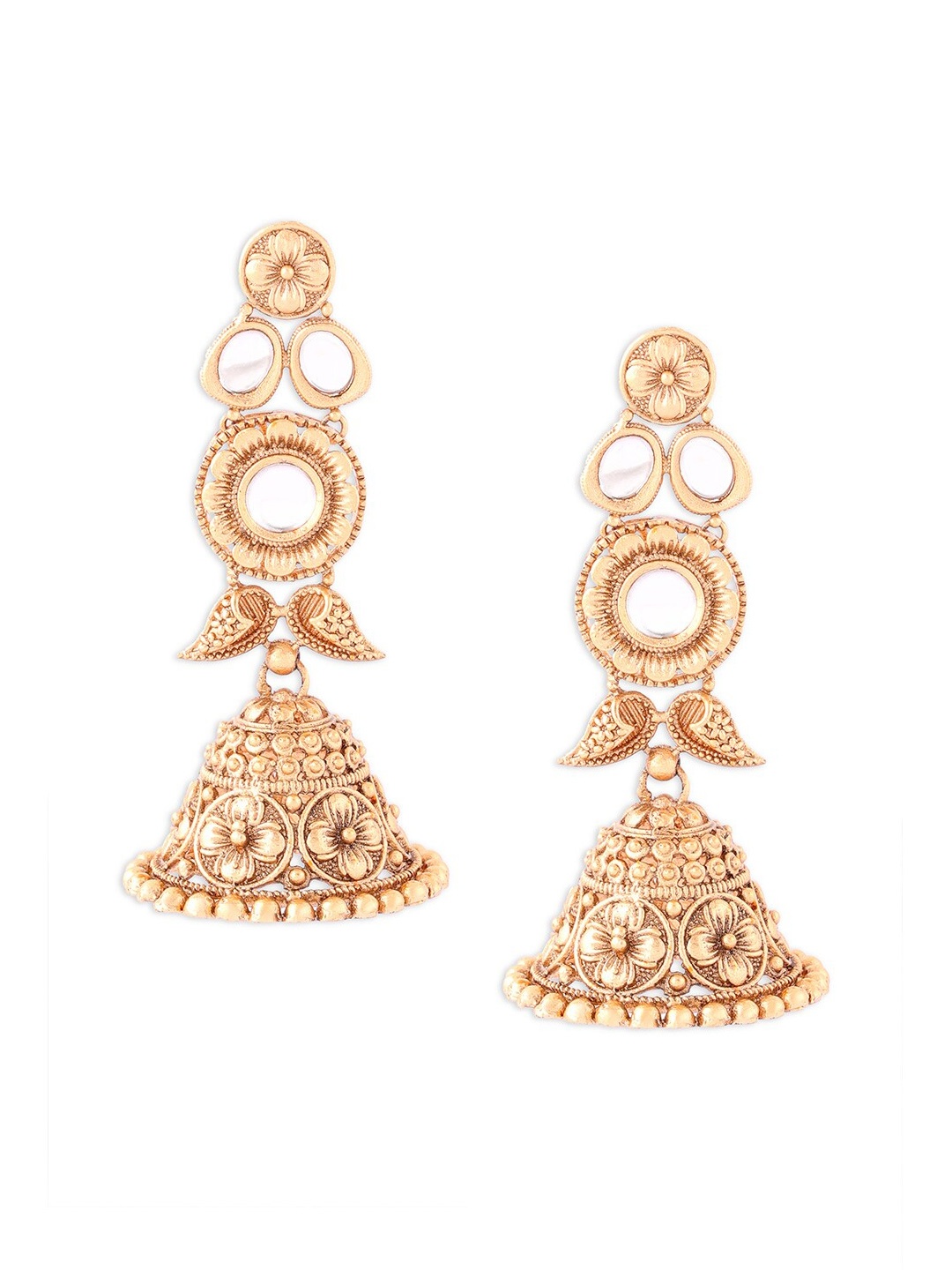 

Ahaanya Gold-Plated Contemporary Kundan Jhumkas Earrings