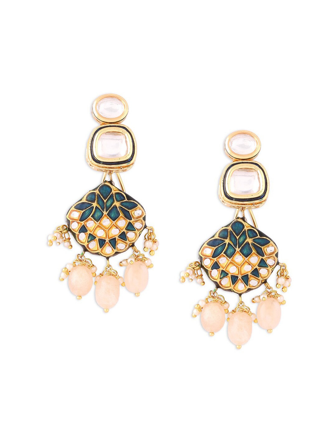 

Ahaanya Green & Gold-Toned Contemporary Kundan Drop Earrings
