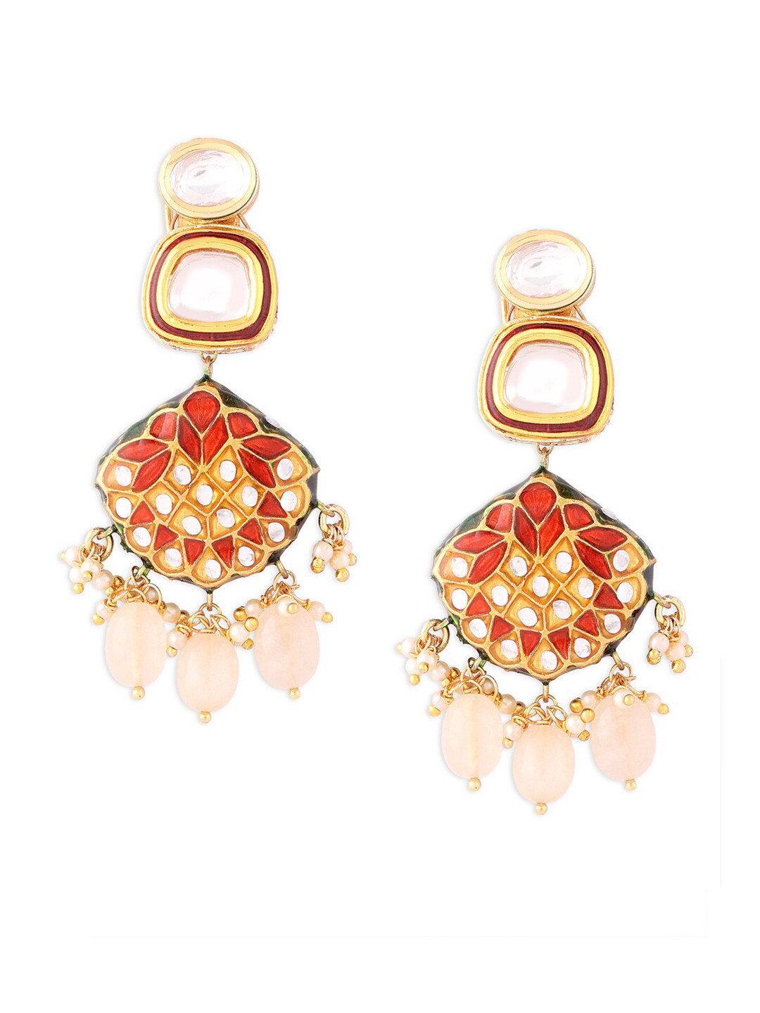

Ahaanya Red & Gold Toned Contemporary Kundan Drop Earrings