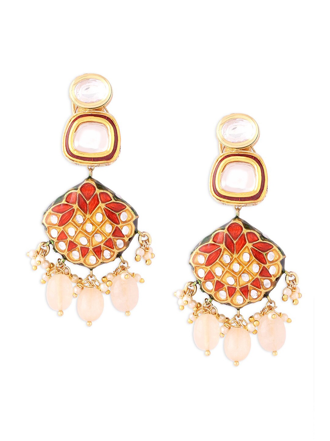 

Ahaanya Gold-Plated & Red Contemporary Kundan Drop Earrings