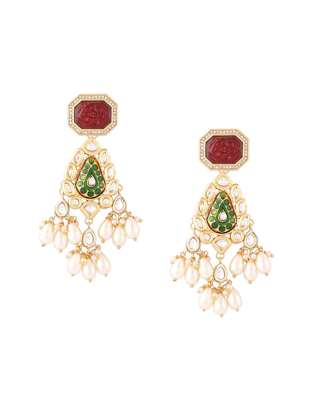 

Ahaanya Gold-Plated & Green Contemporary Kundan Drop Earrings