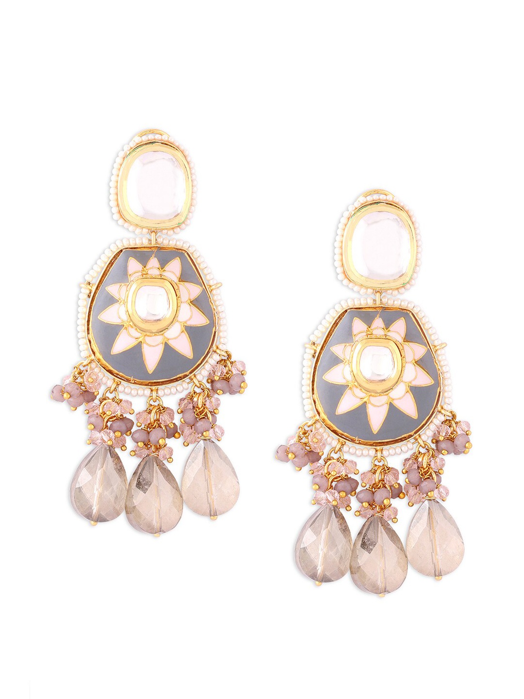 

Ahaanya Gold-Plated White and Peach Contemporary Kundan Drop Earrings