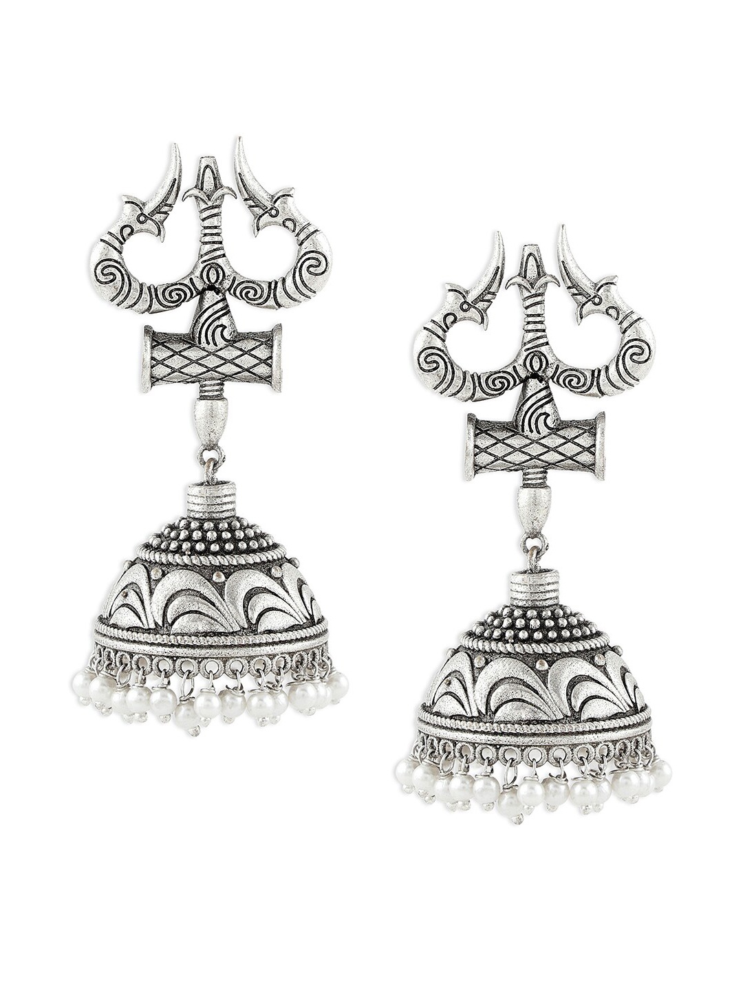 

Ahaanya Silver-Plated Contemporary Oxidised Jhumkas Earrings