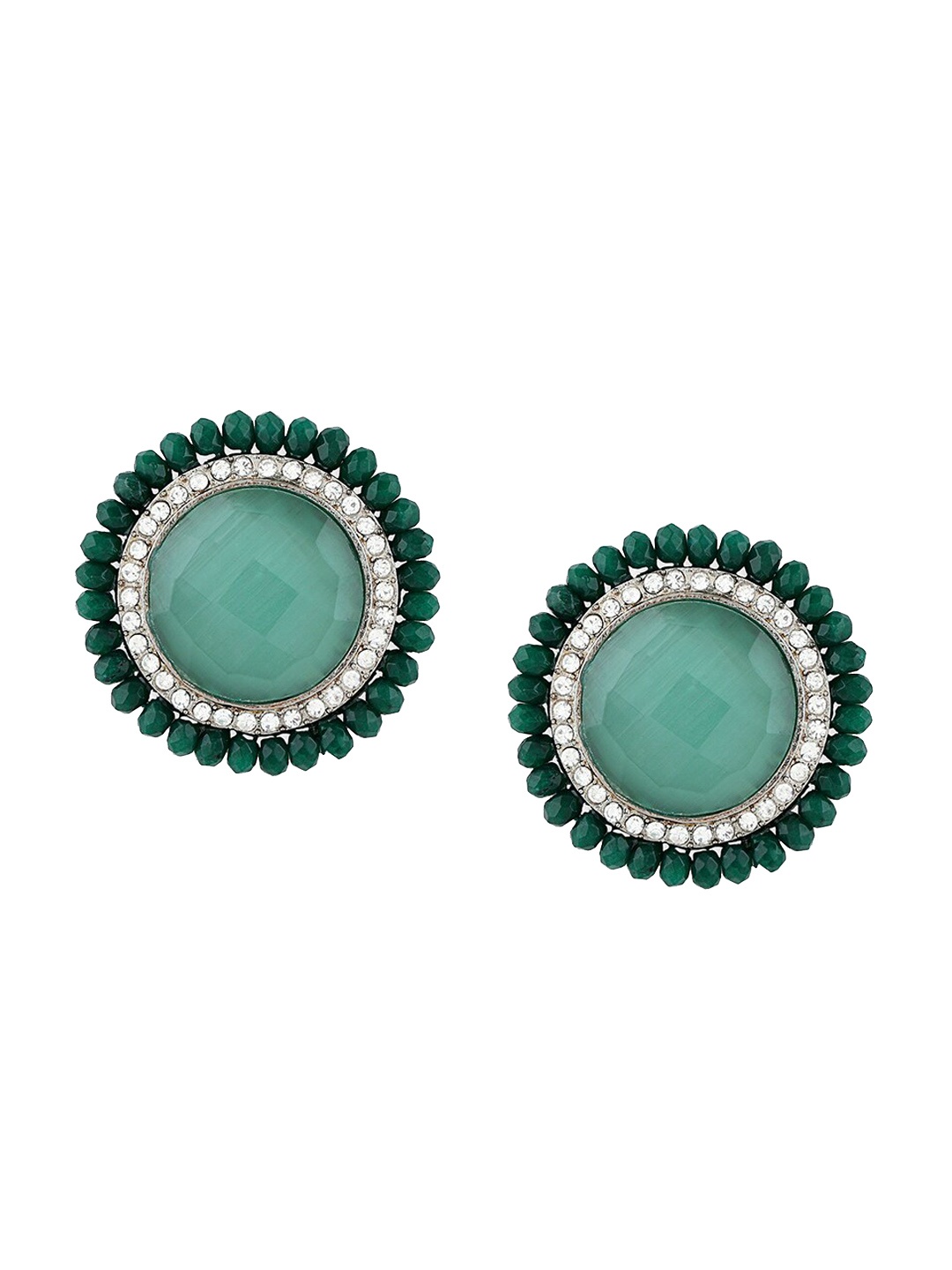 

Ahaanya Silver-Plated Green Agates Circular Studs Earrings