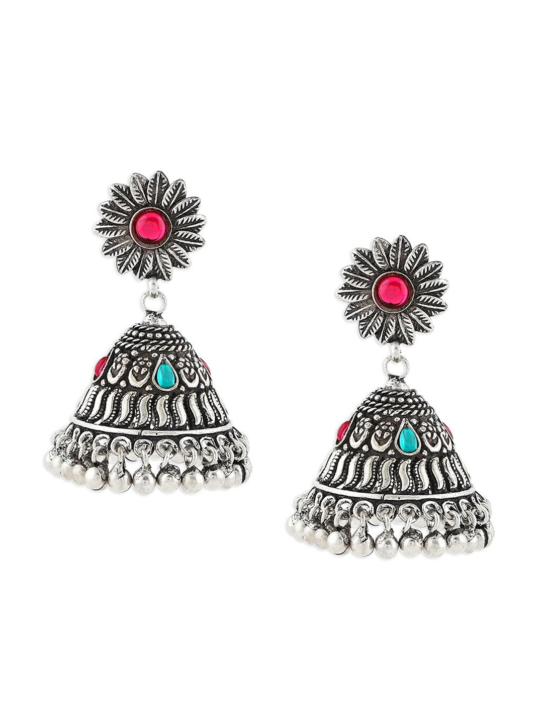 

Ahaanya Silver-Toned Oxidised Contemporary Jhumkas Earrings