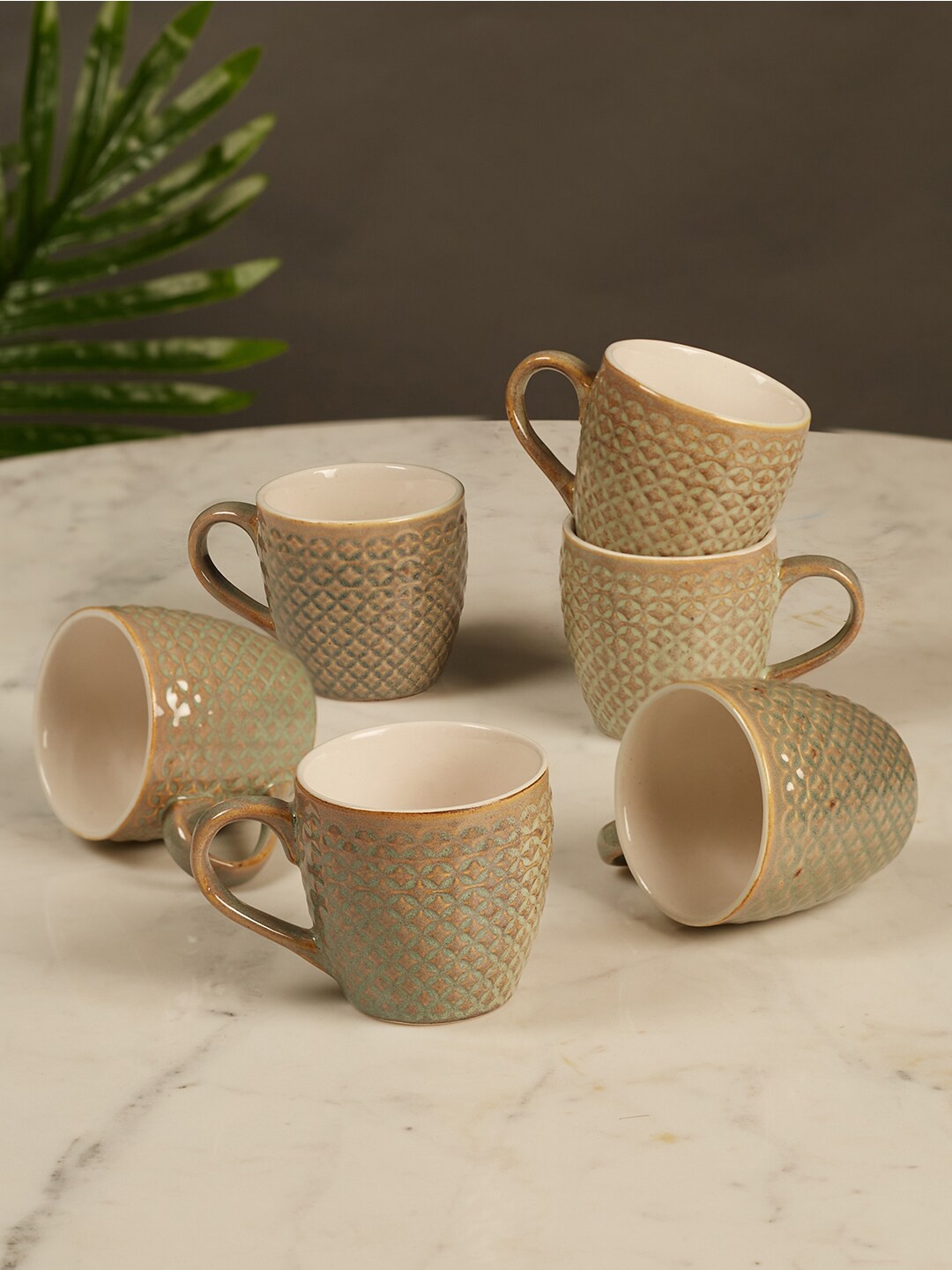 

HomeTown Green & Off White Pack Of 6 Microwave Safe Ceramic Glossy Cups 160 ml Each