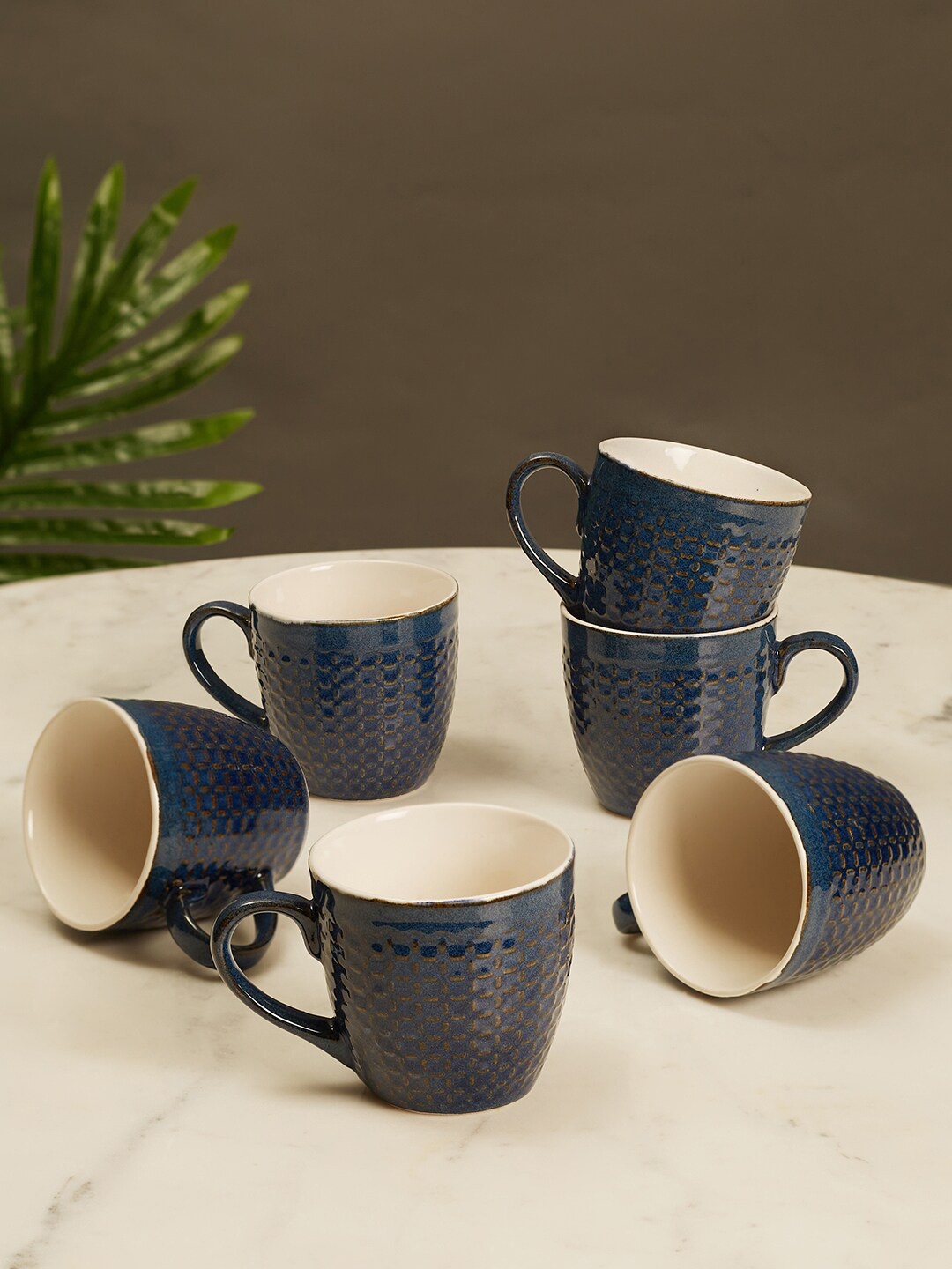 

HomeTown Blue & Off White Pack Of 6 Microwave Safe Ceramic Glossy Cups 220 ml Each