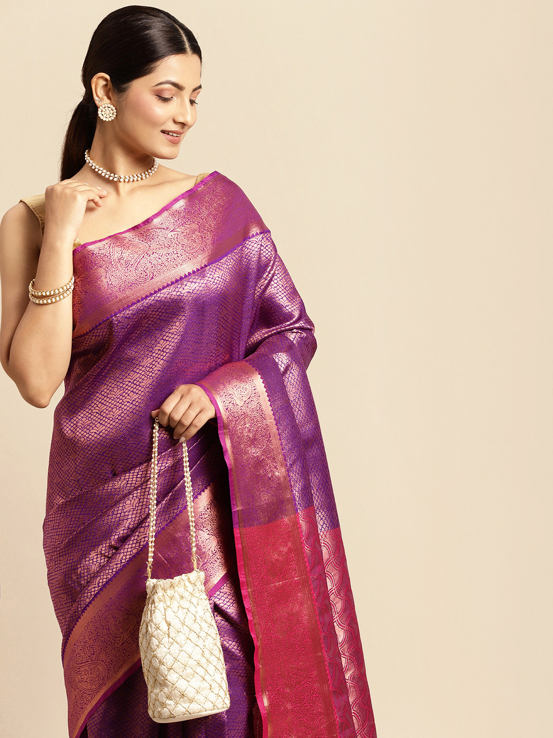 

Pothys Blue & Golden Ethnic Motifs Art Silk Saree