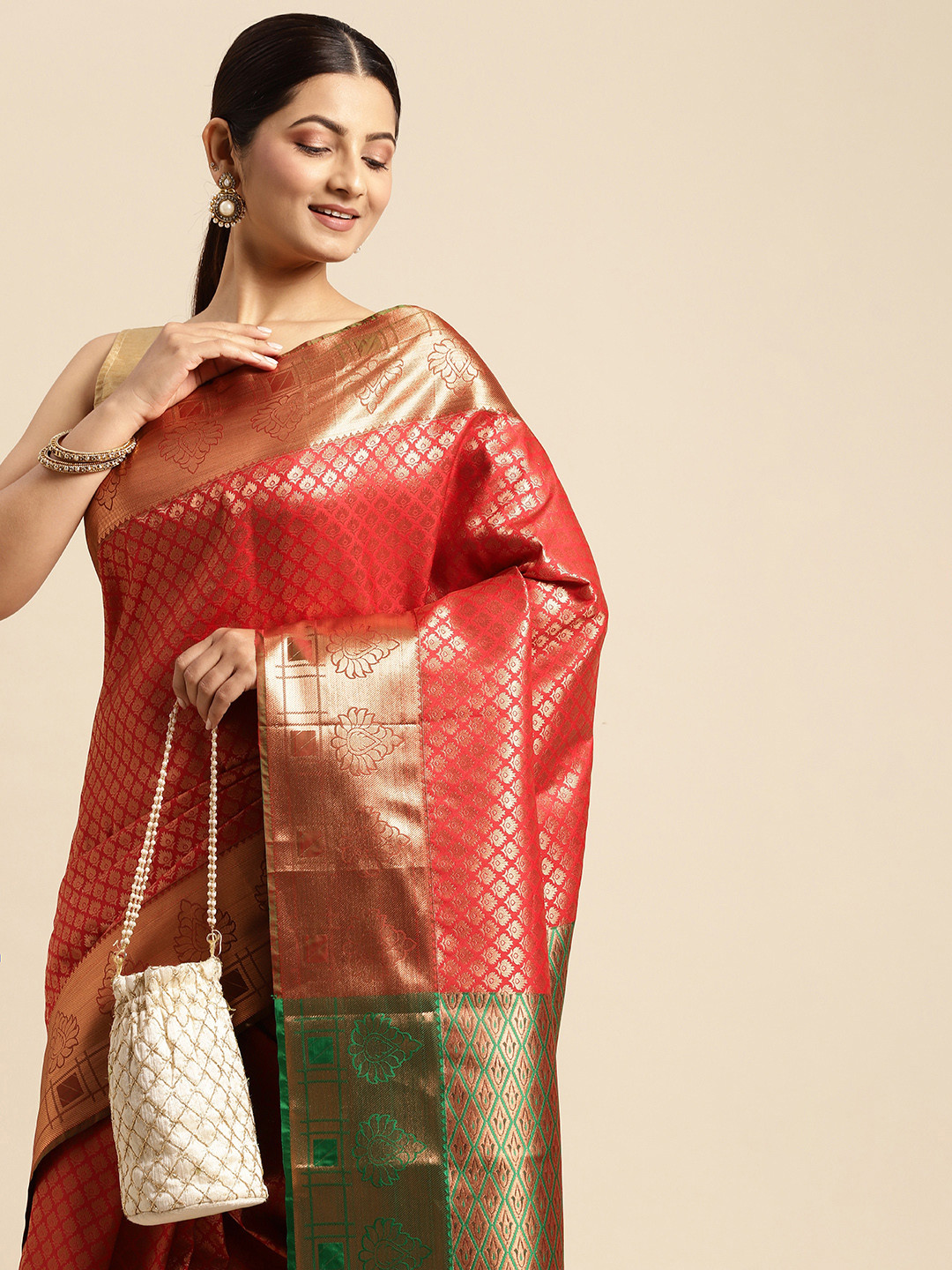 

Pothys Red & Golden Ethnic Motifs Art Silk Saree