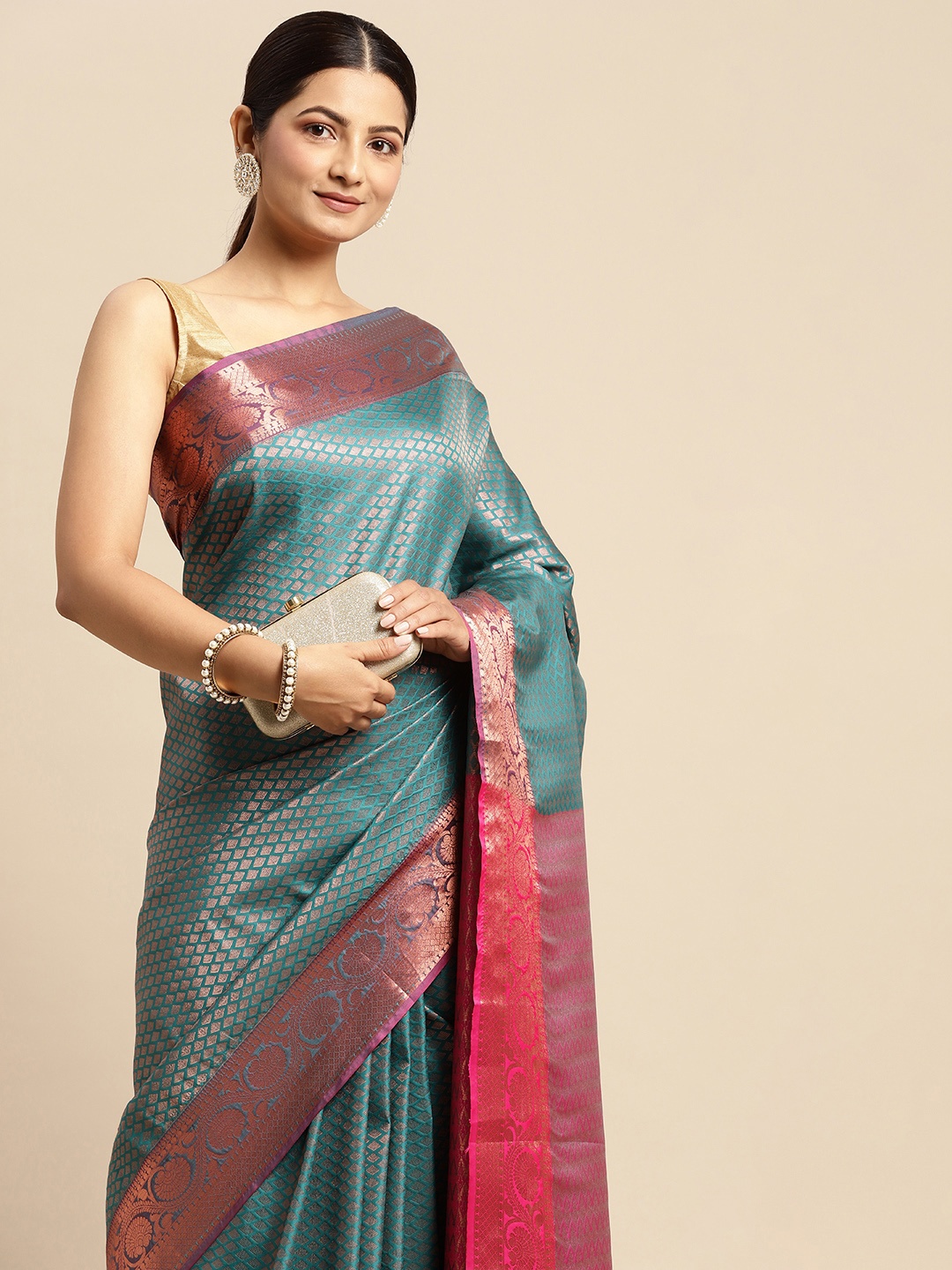 

Pothys Teal Blue Solid Ethnic Motifs Art Silk Saree