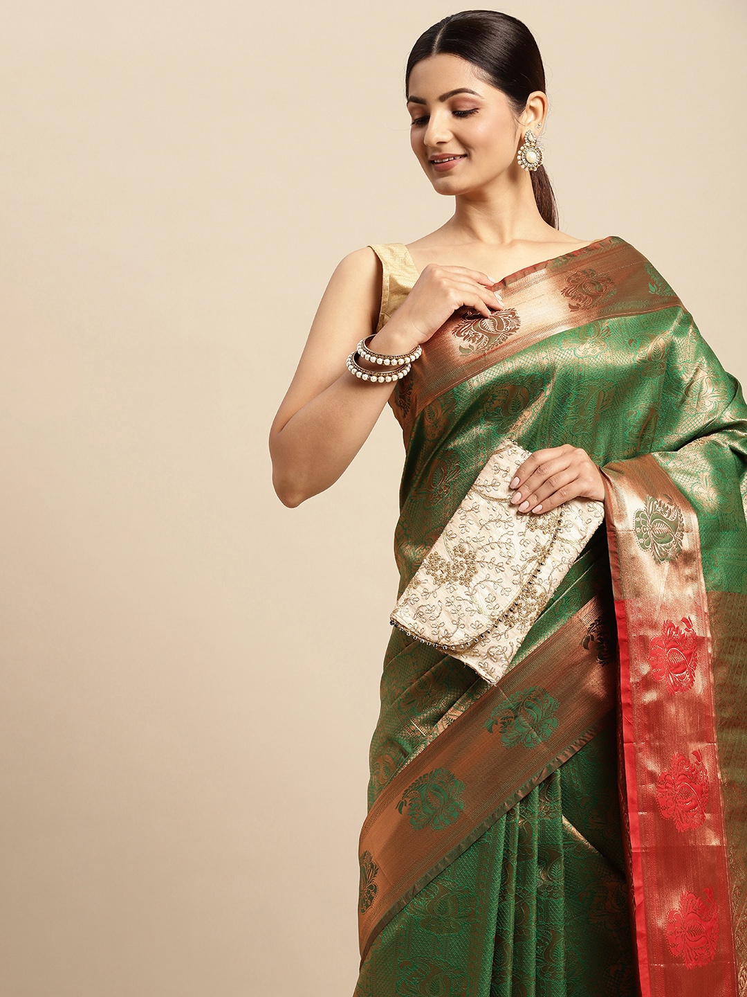 

Pothys Green & Golden Ethnic Motifs Art Silk Saree