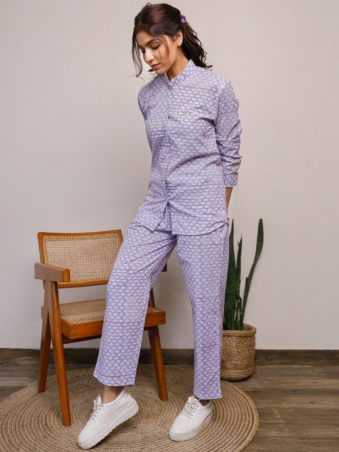 

PHEETA Women Purple & White Printed Pure Cotton Co-ords