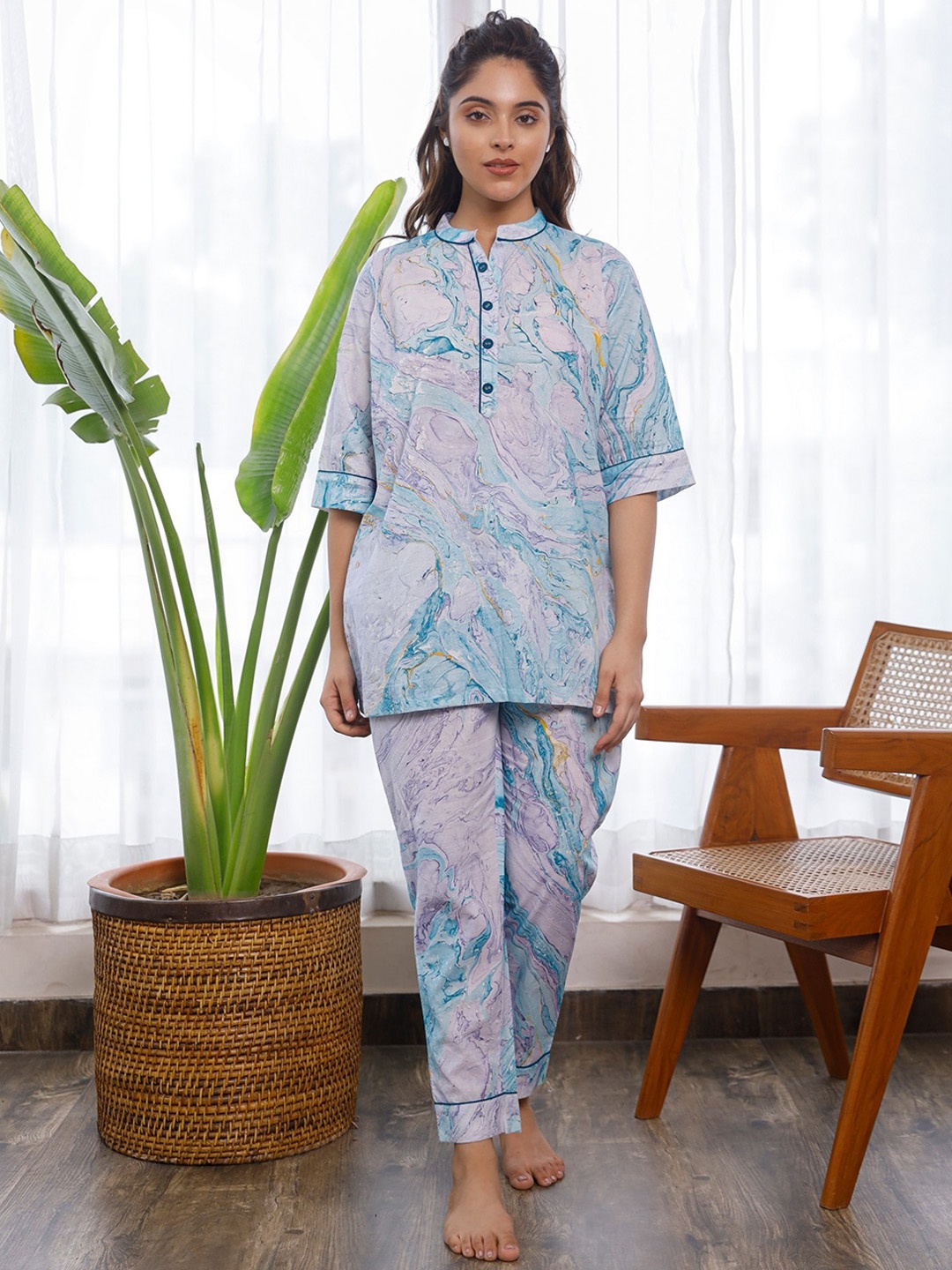 

PHEETA Women Blue & Lavender Printed Pure Cotton Night suit