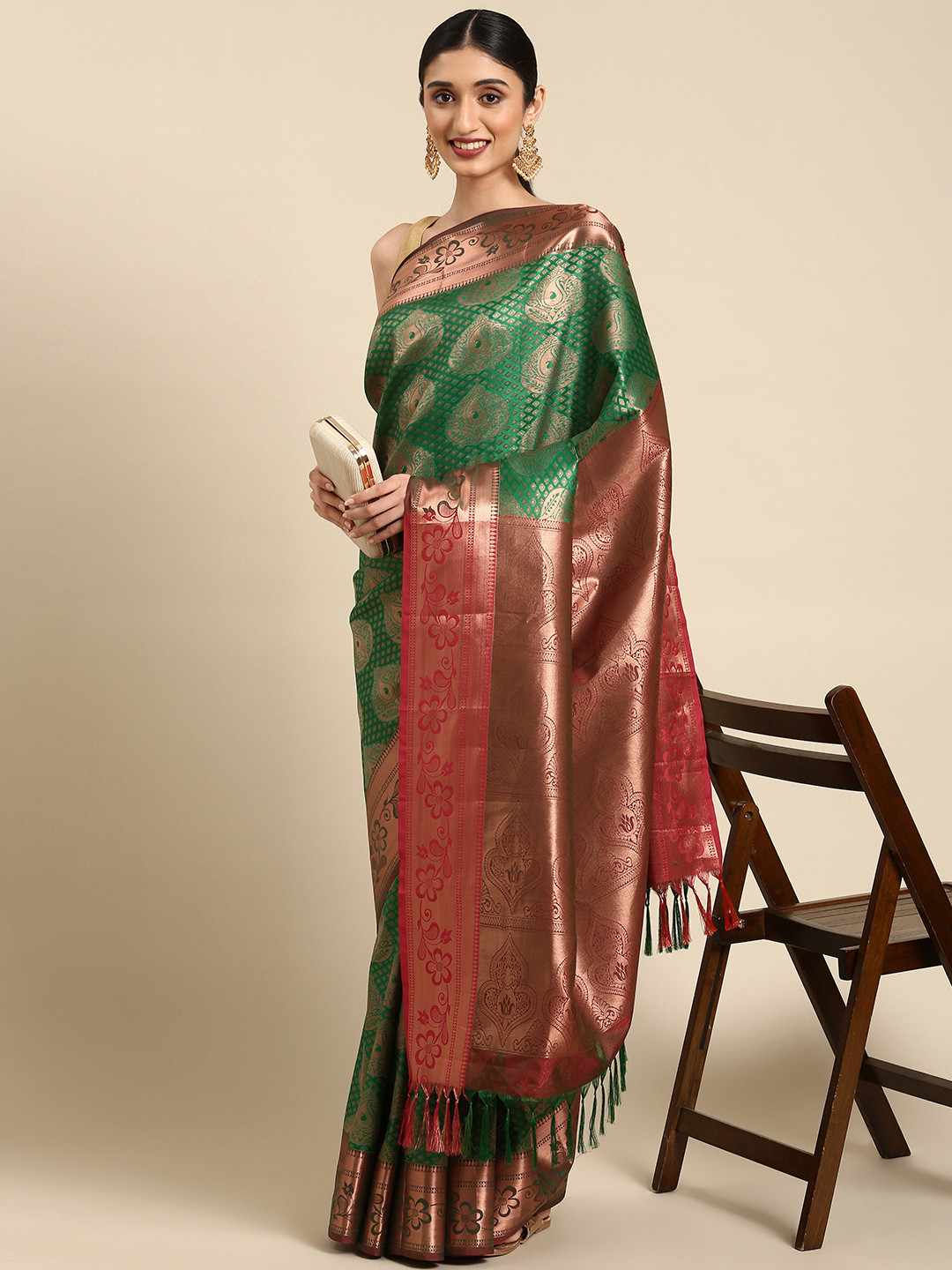 

Pothys Green & Red Ethnic Motifs Woven Design Art Silk Saree