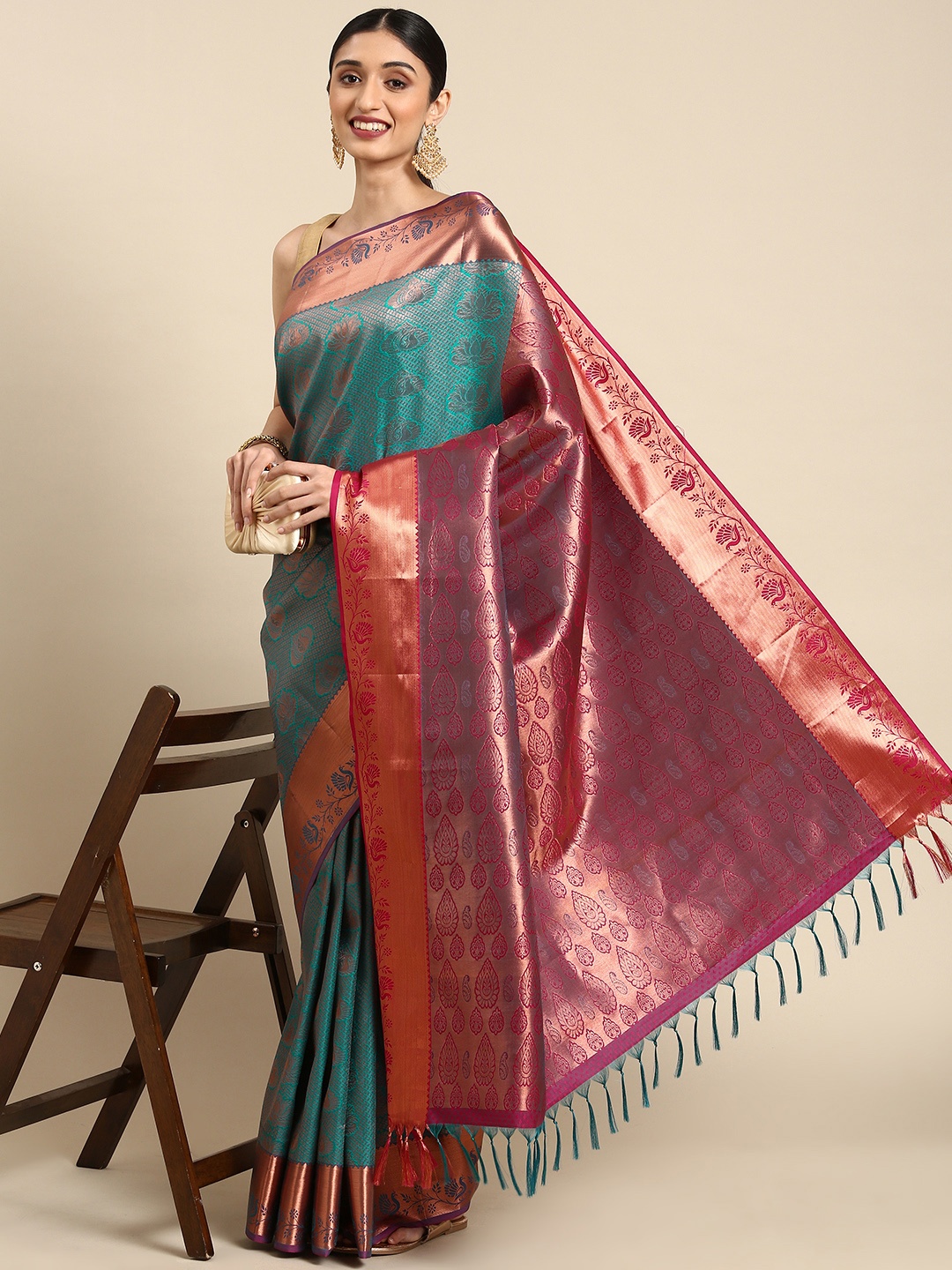 

Pothys Pink & Blue Ethnic Motifs Woven Design Art Silk Saree