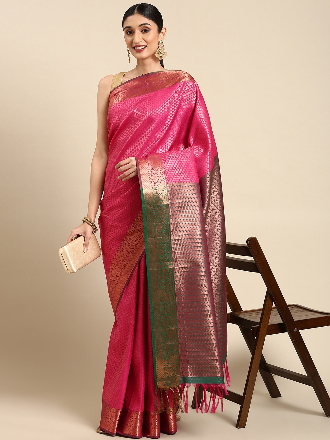 

Pothys Pink & Bronze-Toned Ethnic Motifs Woven Design Art Silk Saree