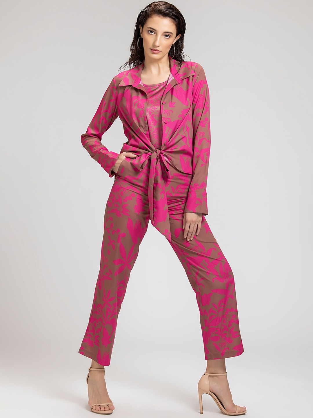 

SHAYE Women Pink Floral Printed Shirt & Trouser Co-Ords