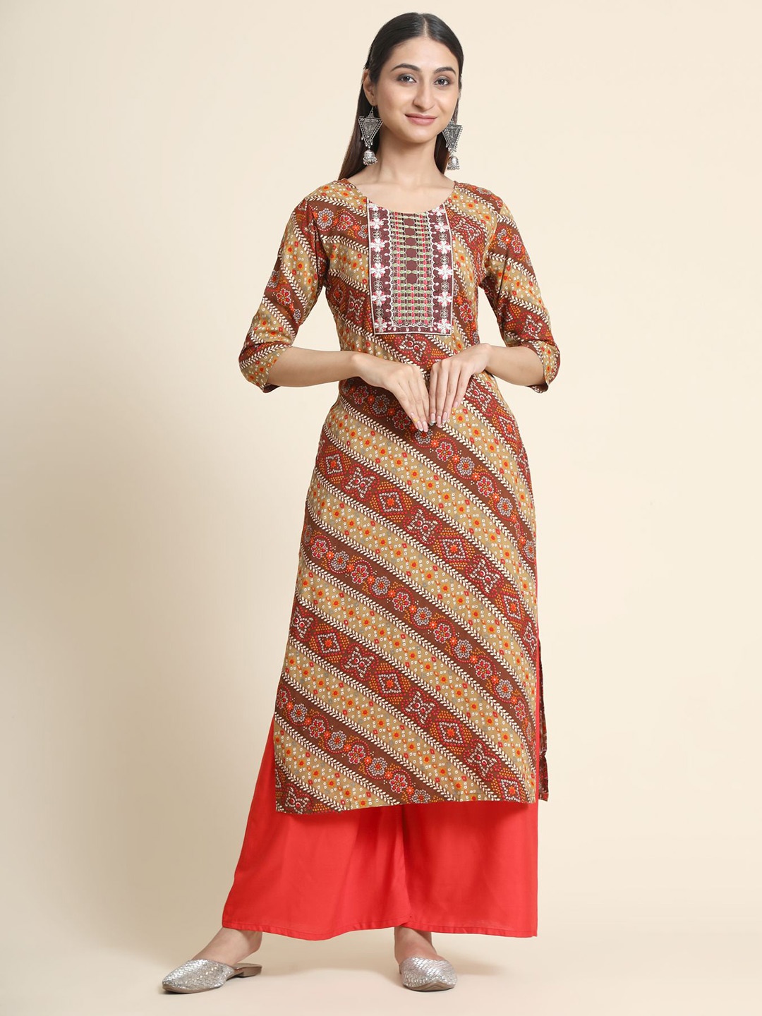 

KALINI Ethnic Motifs Printed Thread Work Kurta, Brown