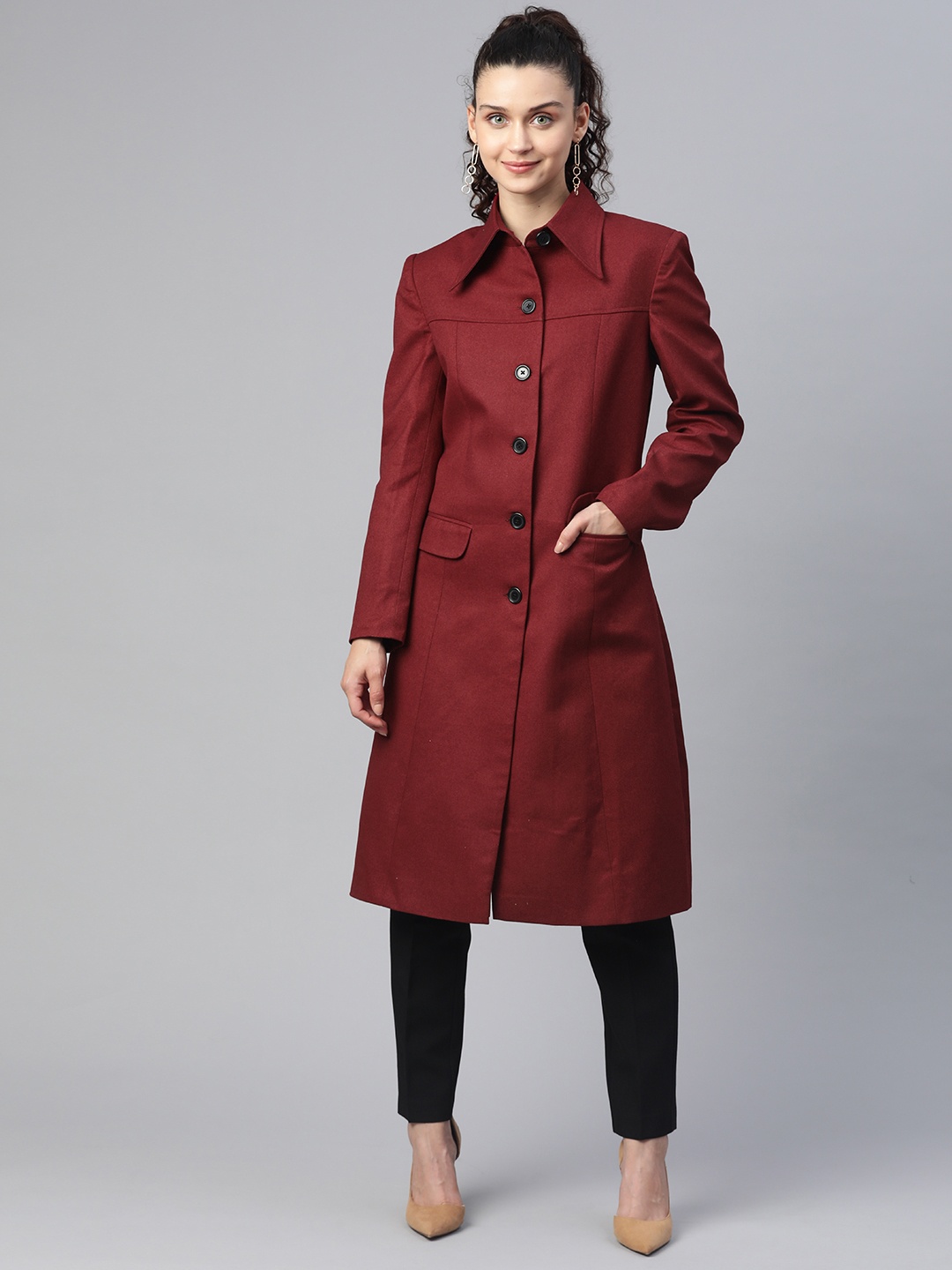 

PowerSutra Women Burgundy Solid Knee Length Overcoat