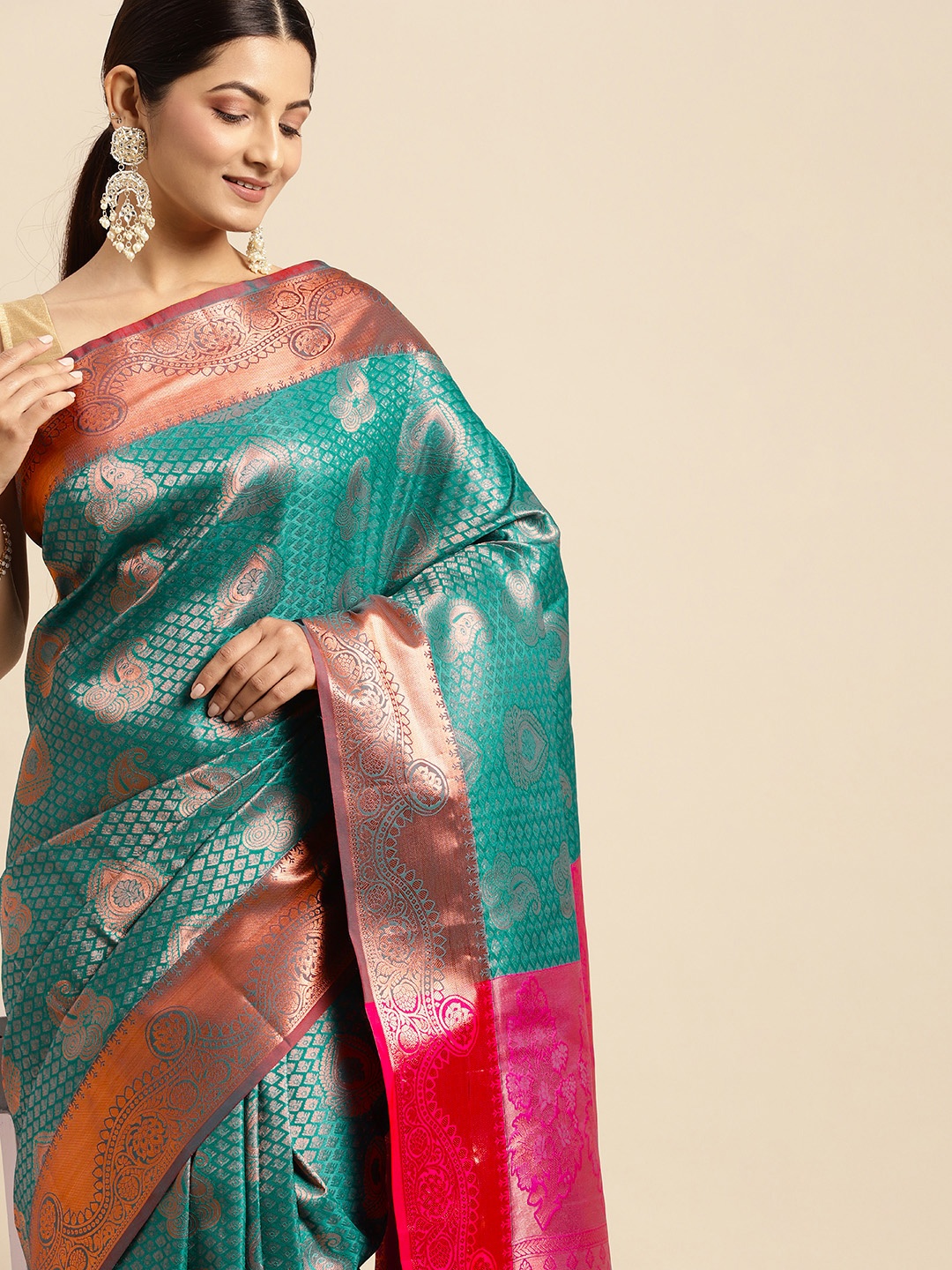 

Pothys Turquoise Blue & Golden Ethnic Motifs Art Silk Saree