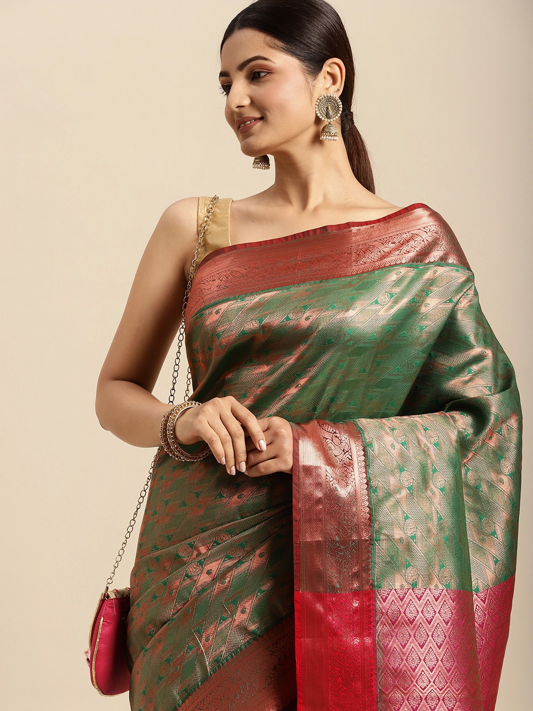 

Pothys Green & Golden Ethnic Motifs Art Silk Saree