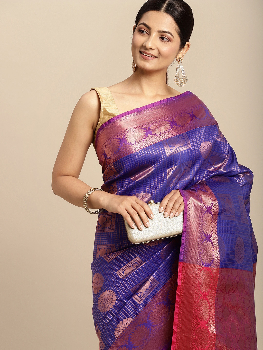 

Pothys Blue & Golden Ethnic Motifs Art Silk Saree