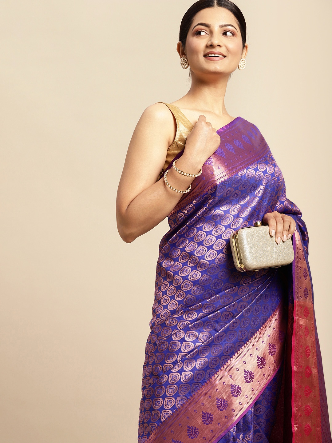 

Pothys Blue & Golden Ethnic Motifs Art Silk Saree