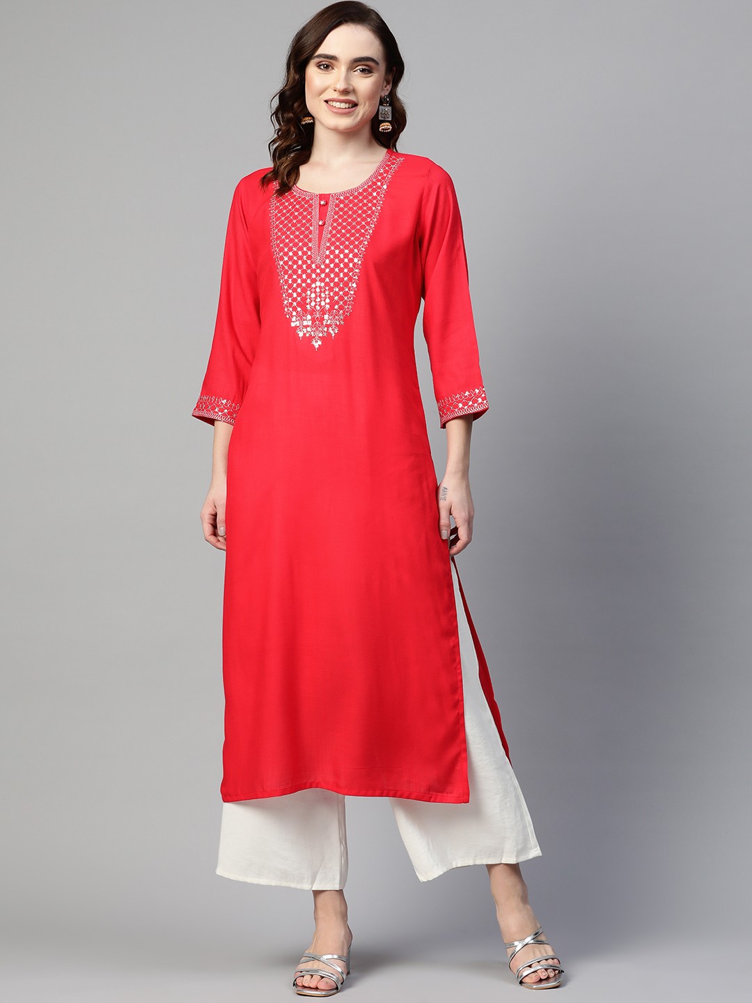 

Readiprint Fashions Women Red Sequined Yoke Design Kurta