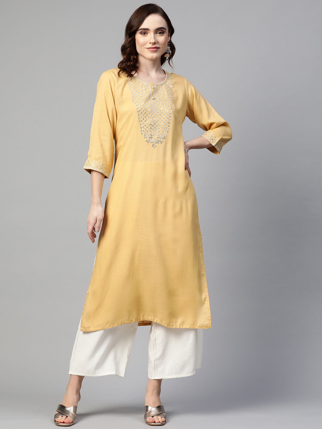 

Readiprint Fashions Women Beige Sequined Yoke Design Kurta