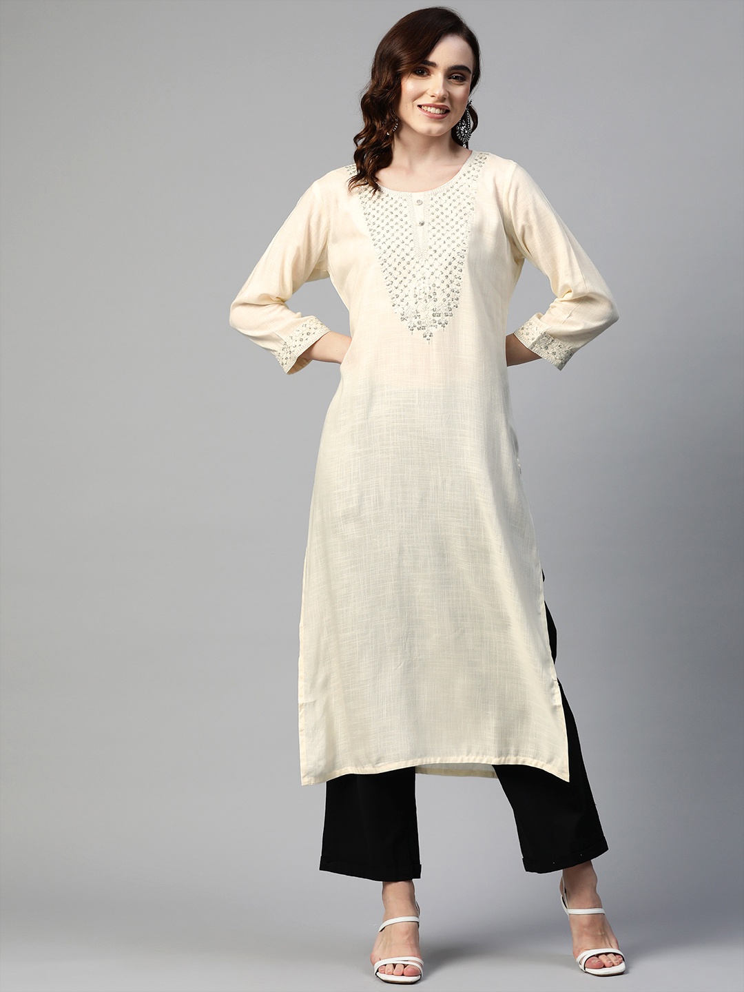 

Readiprint Fashions Women Off White Sequined Yoke Design Kurta
