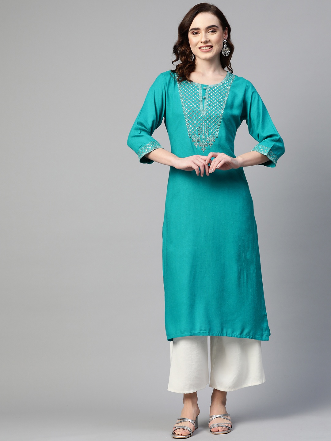 

Readiprint Fashions Women Turquoise Blue Ethnic Motifs Embellished Kurta