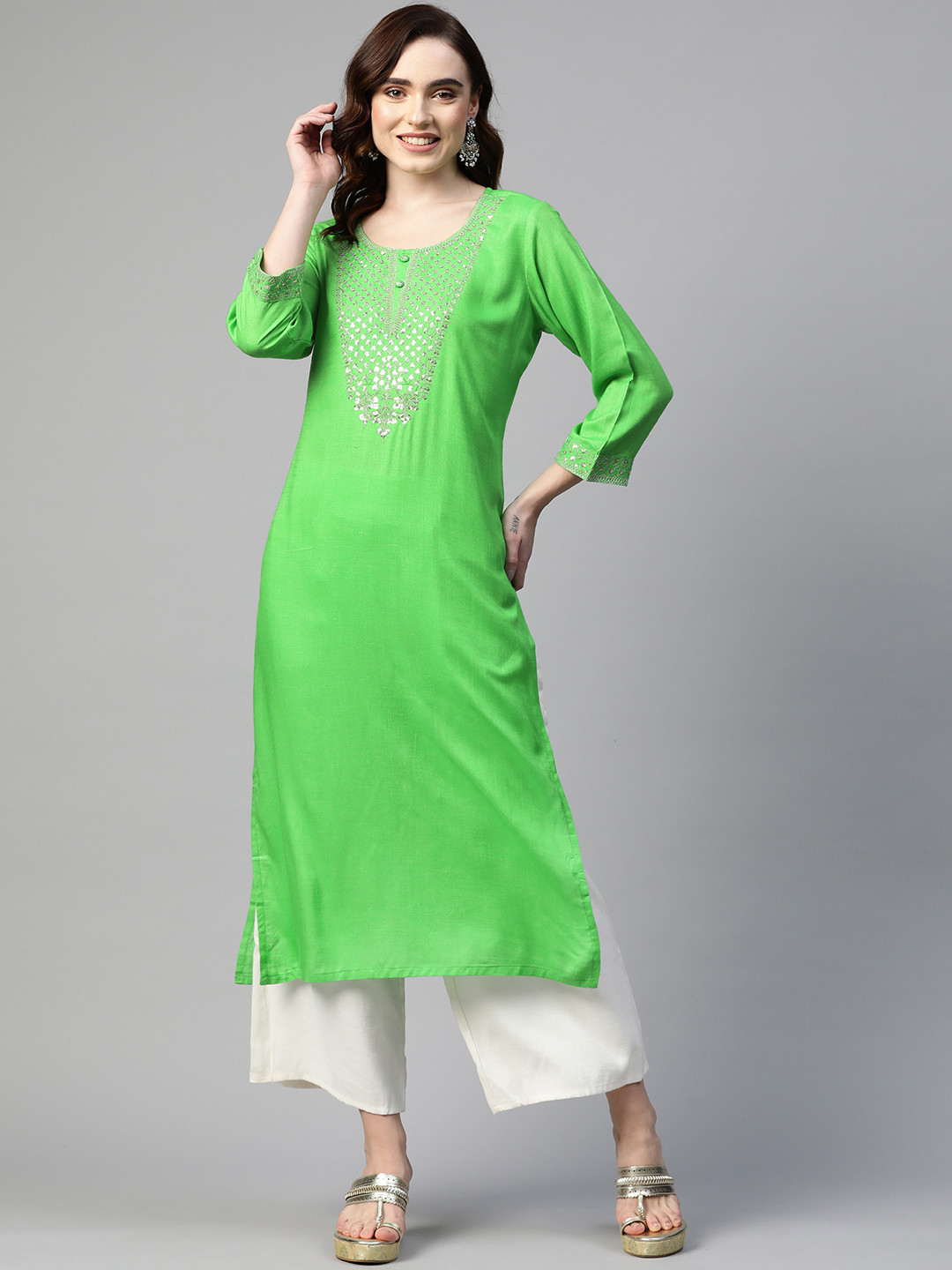 

Readiprint Fashions Women Green Ethnic Motifs Embellished Kurta