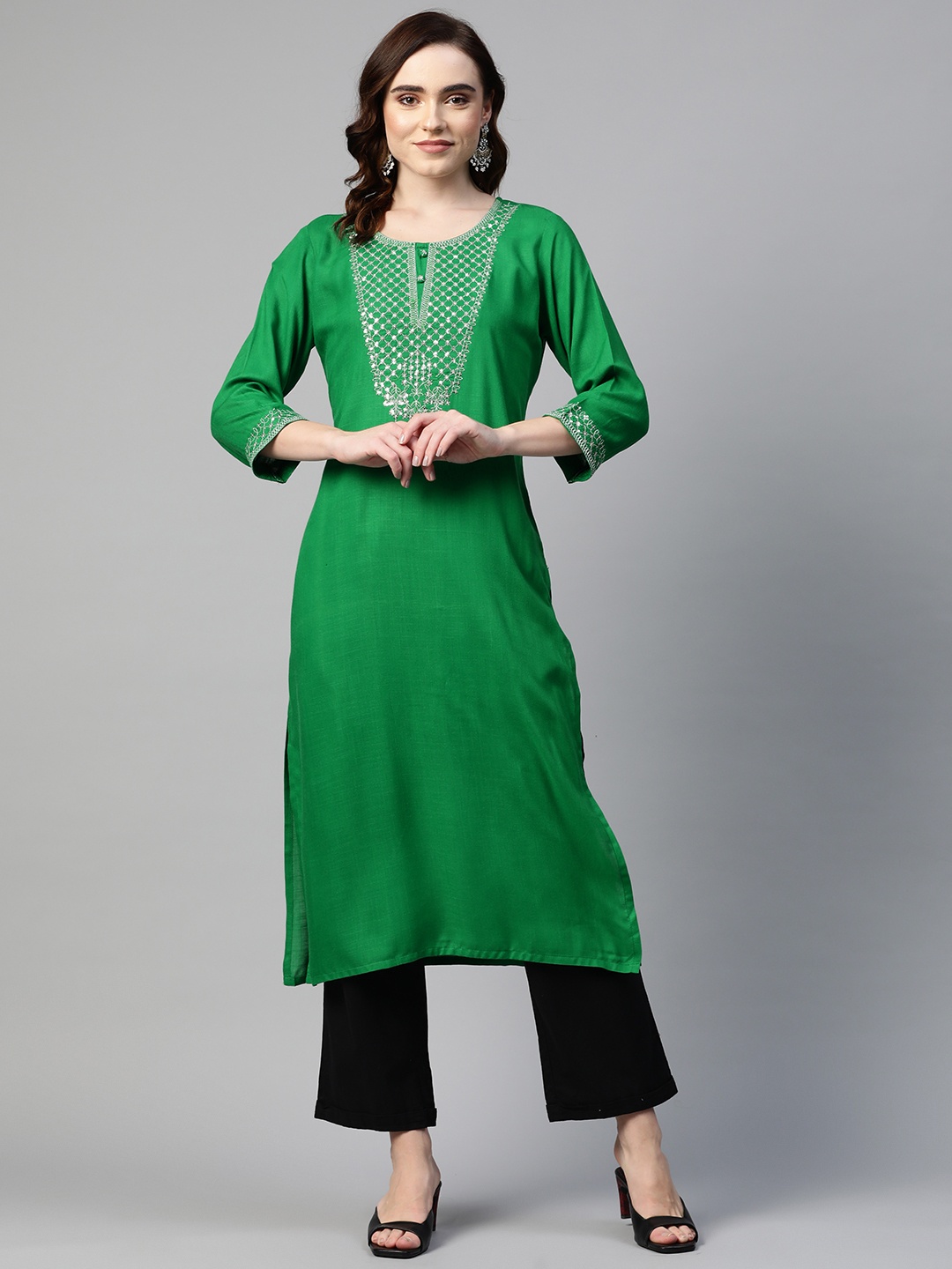 Readiprint Fashions Women Green Ethnic Motifs Embellished Kurta