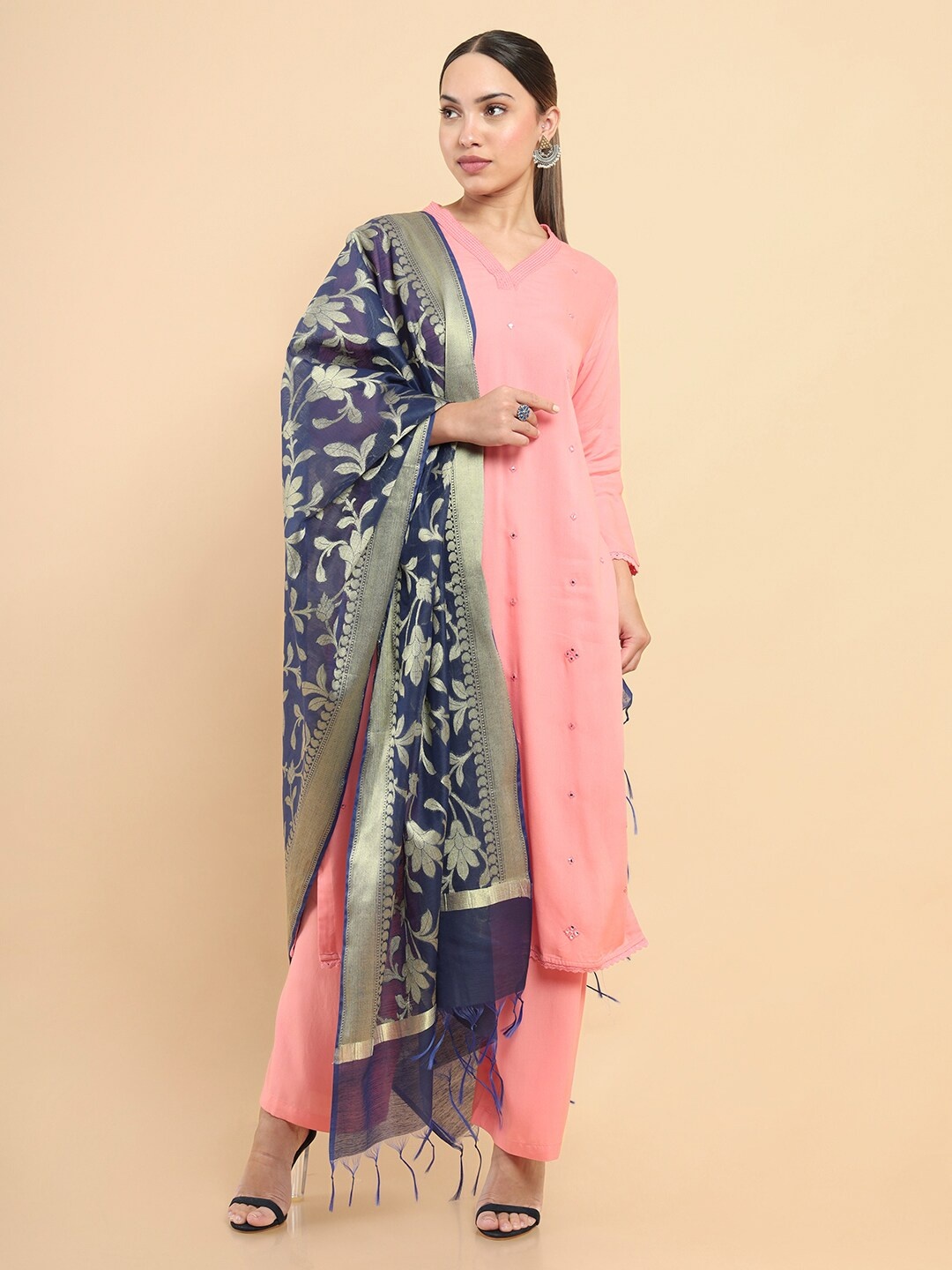 

Soch Navy Blue & Gold-Toned Woven Design Dupatta