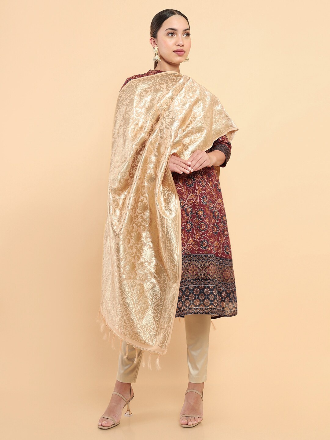 

Soch Gold-Toned Satin Embroidered Printed Dupatta